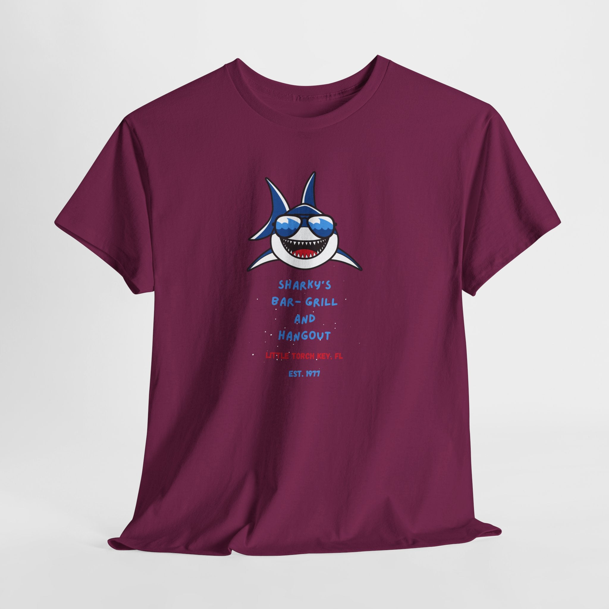 Unisex Cotton Tee - Sharky’s Hangout, in The FL. Keys Fun Graphic Tee, Summer Casual Wear, Beach Party Shirt, Gift for Ocean Lovers