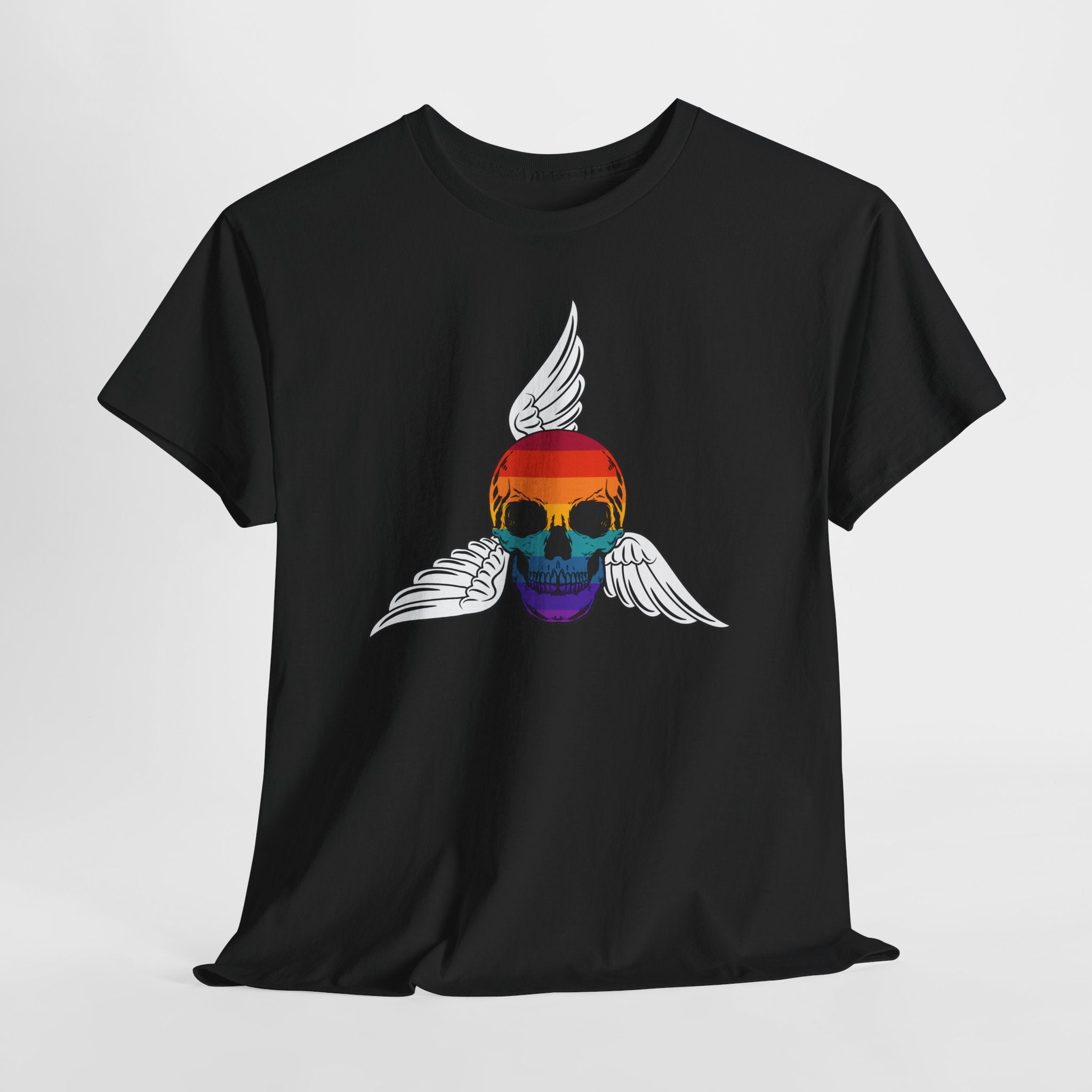 Graphic Rainbow Winged Skull Unisex Heavy Cotton T-Shirt — Edgy Pride Skull Tee for LGBTQIA+ Events & Festivals