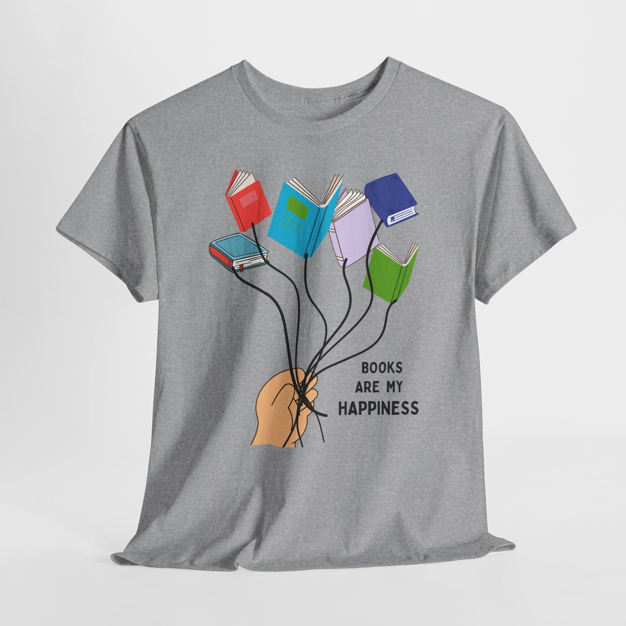 Fun Books Are My Happiness Unisex Heavy Cotton T-Shirt — Book Lover Tee with Colorful Book Balloon Bouquet