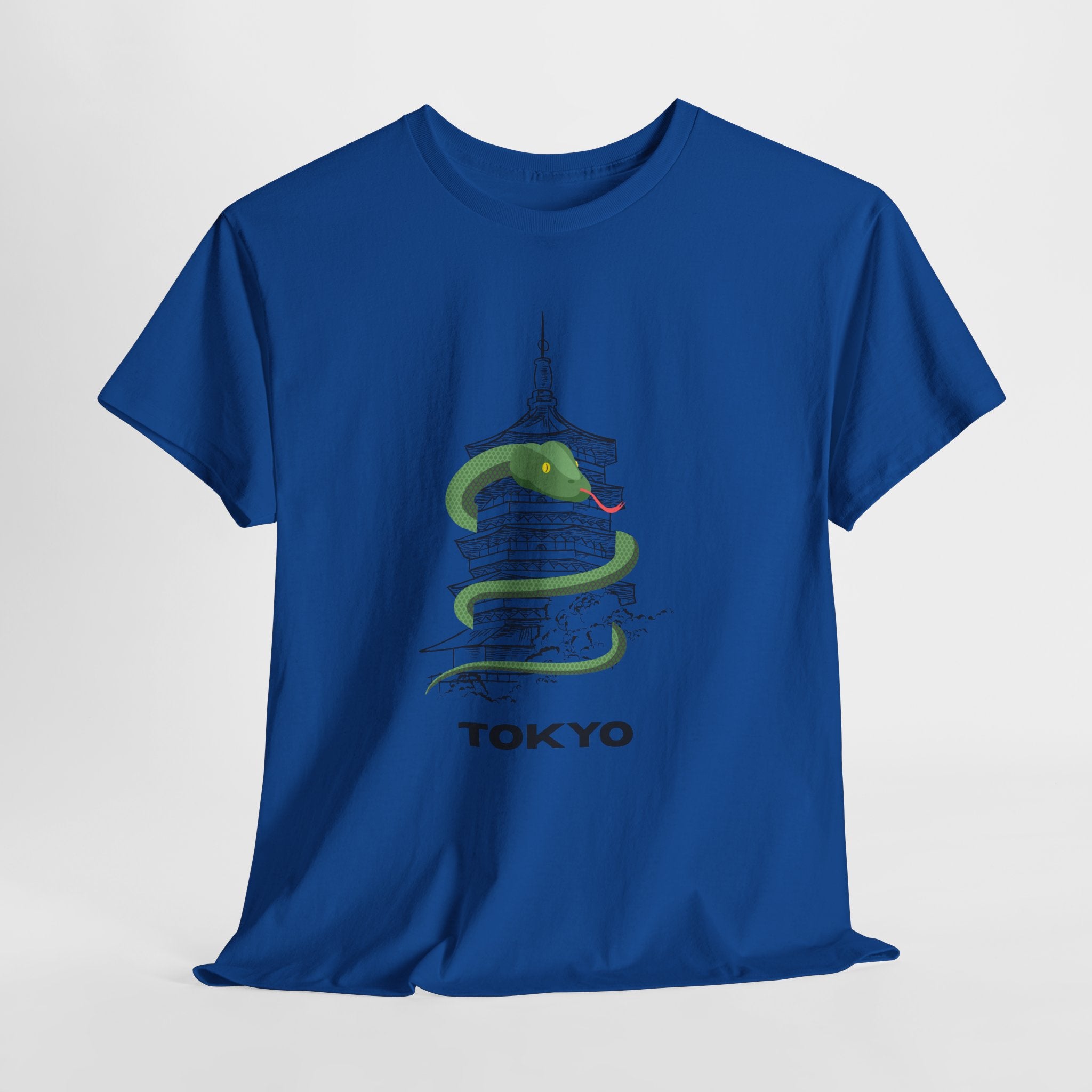 Quirky and FunTokyo Pagoda Serpent Graphic Unisex Heavy Cotton Tee — Green Snake & Pagoda Travel T‑Shirt