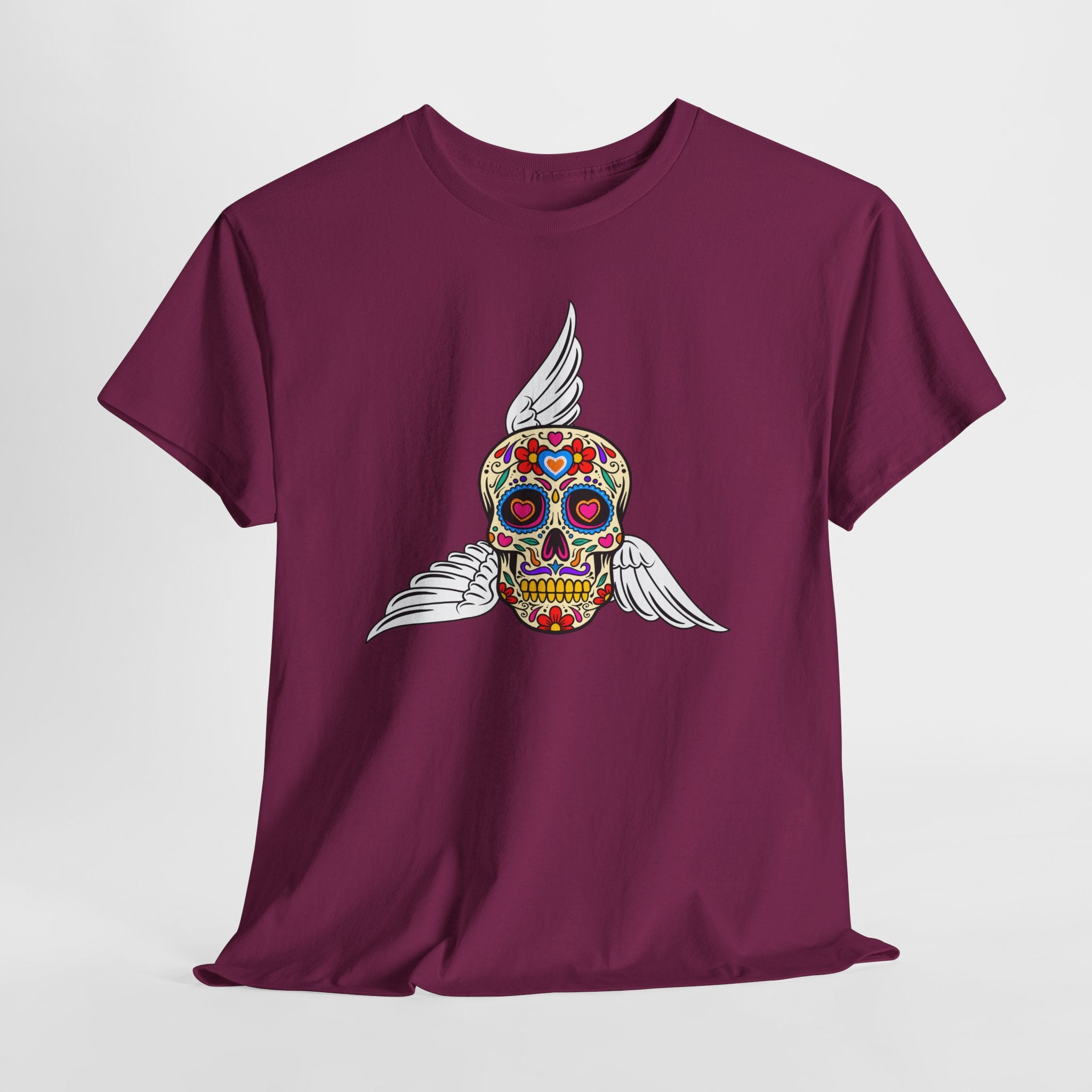 Fun Graphic Sugar Skull Tee with Angel Wings – Day of the Dead Graphic Heavy Cotton Unisex T-Shirt