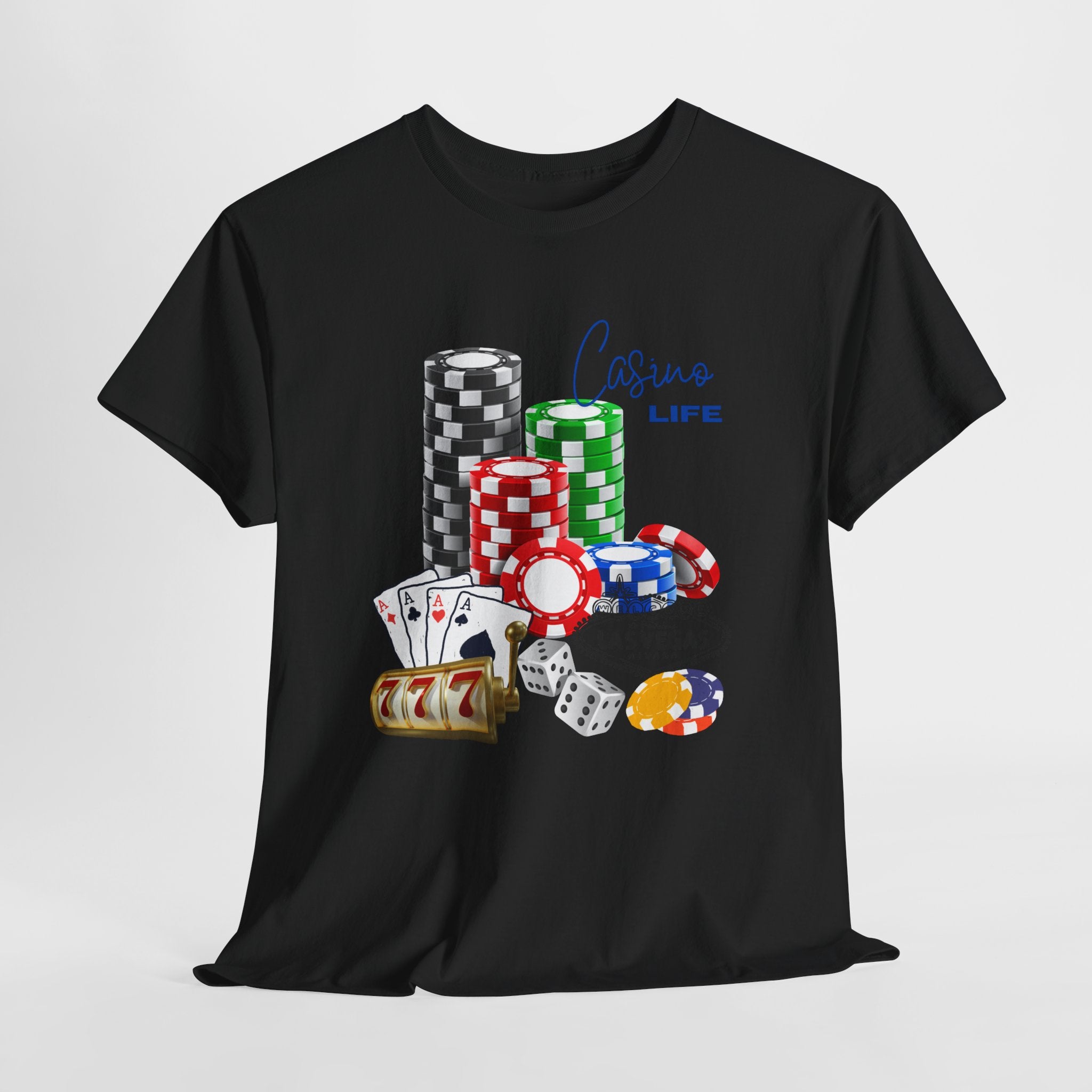 Bring on The Luck with this Casino Life Unisex Heavy Cotton T‑Shirt — Las Vegas Poker Chips & Cards Graphic Tee