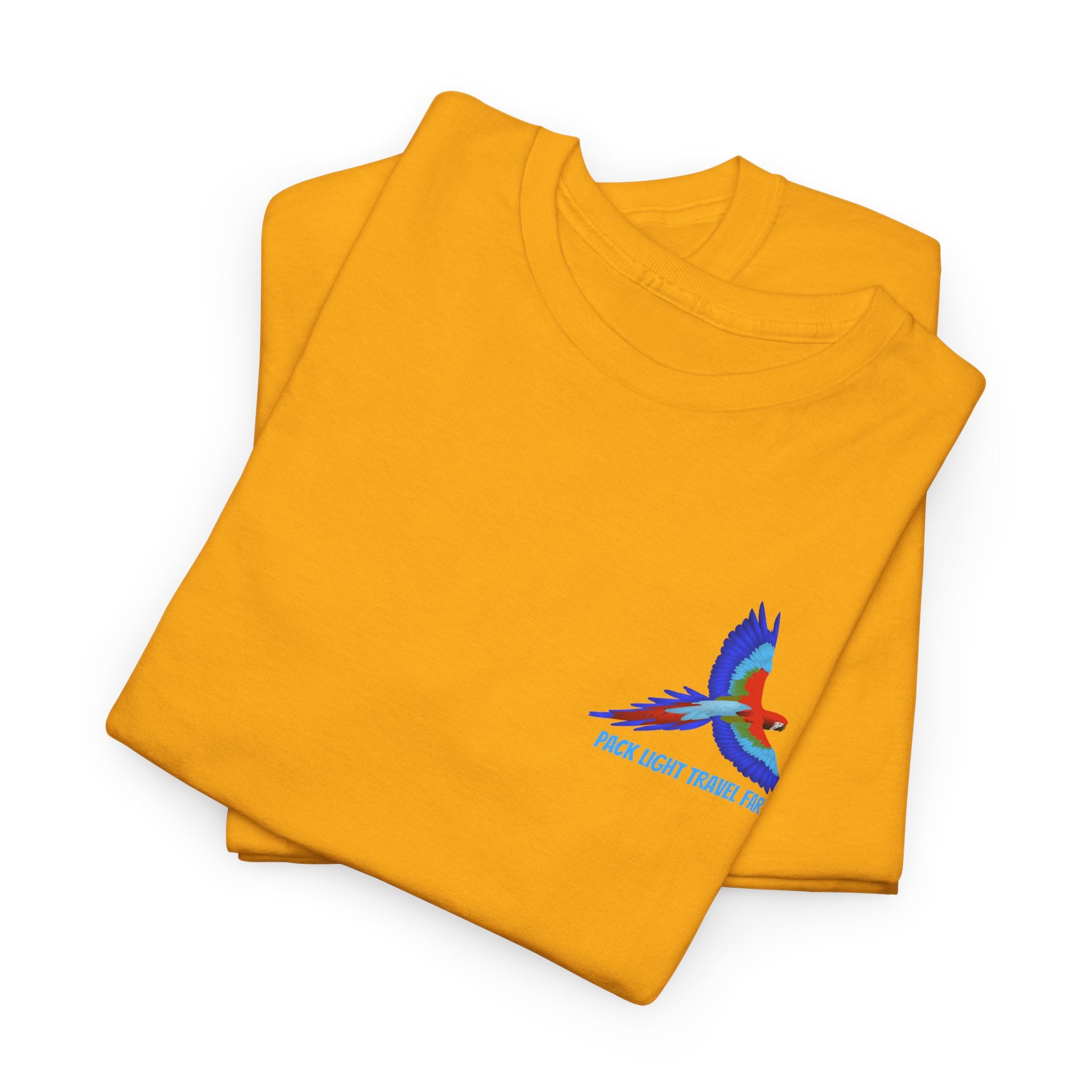 Express your Travel needs with  Pack Light and Travel Far Unisex T shirt with colorful Macaw Design