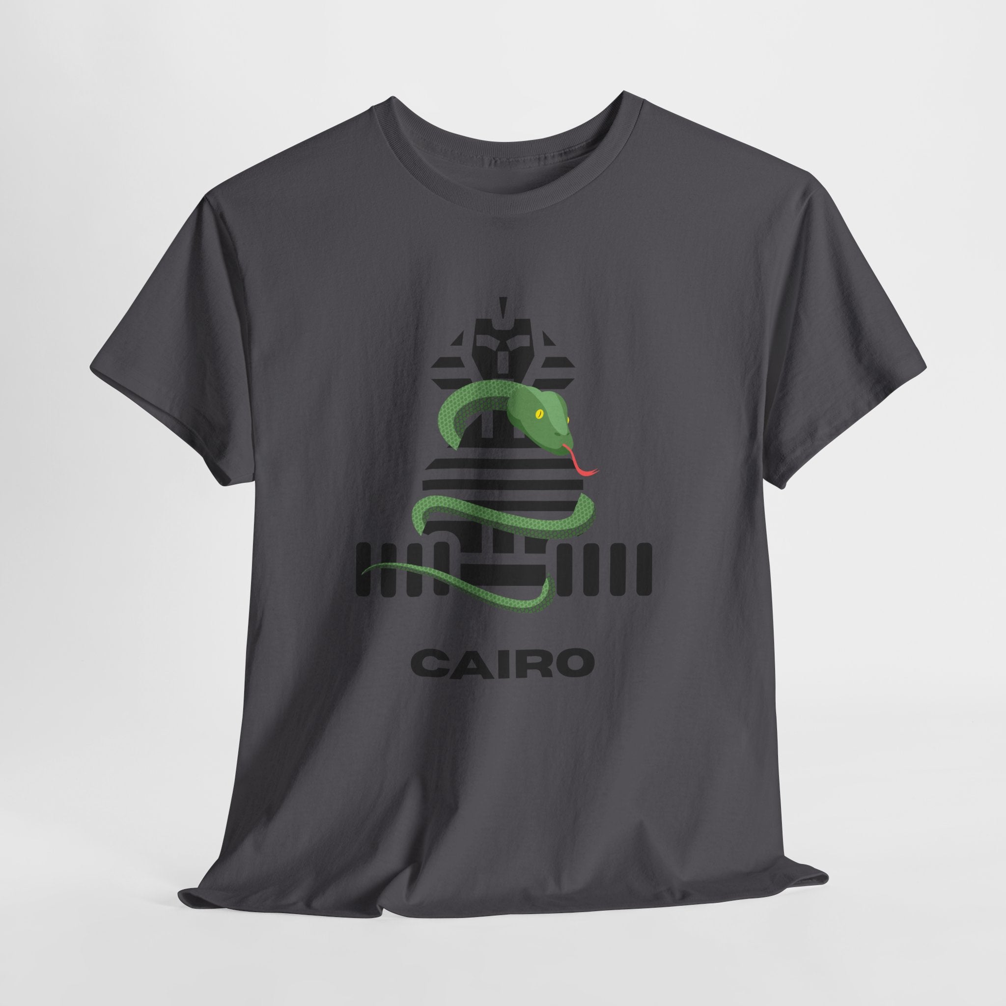 Fun and Quirky Sphynx Graphic Cairo Unisex Heavy Cotton Tee — Green Snake Egyptian Graphic T-Shirt