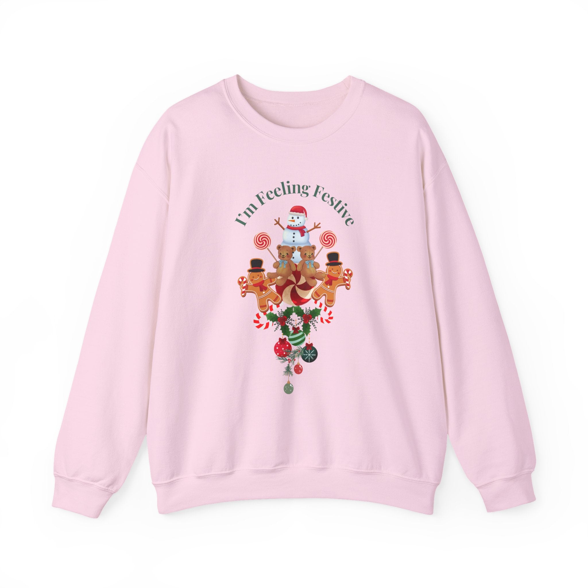 Colorful Fun "I'm Feeling Festive" Holiday Gingerbread & Snowman Graphic Design Crew Neck Unisex Sweatshirt