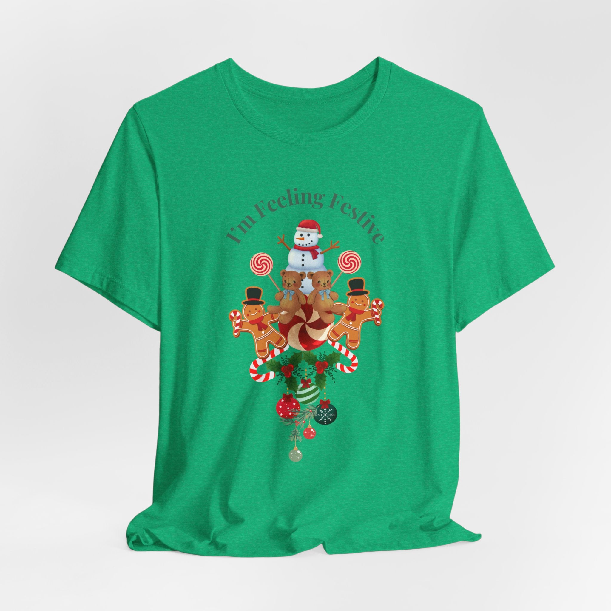 Colorful Holiday Tee — "I'm Feeling Festive" Christmas Reindeer & Snowman Graphic  Unisex Heavy Cotton T-Shirt