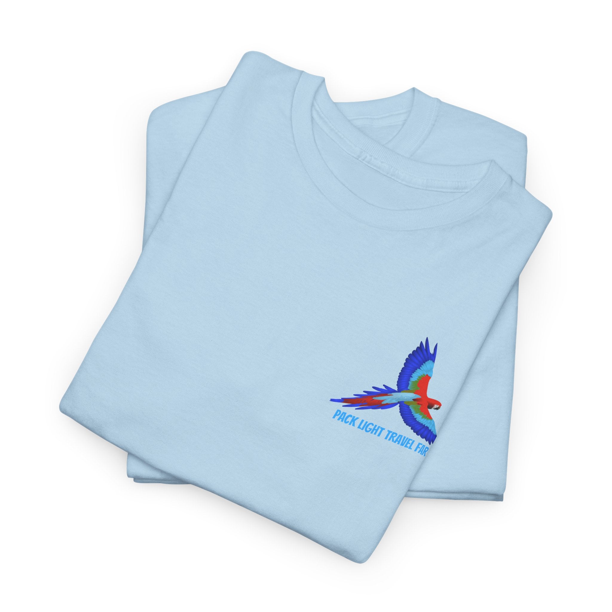 Express your Travel needs with  Pack Light and Travel Far Unisex T shirt with colorful Macaw Design