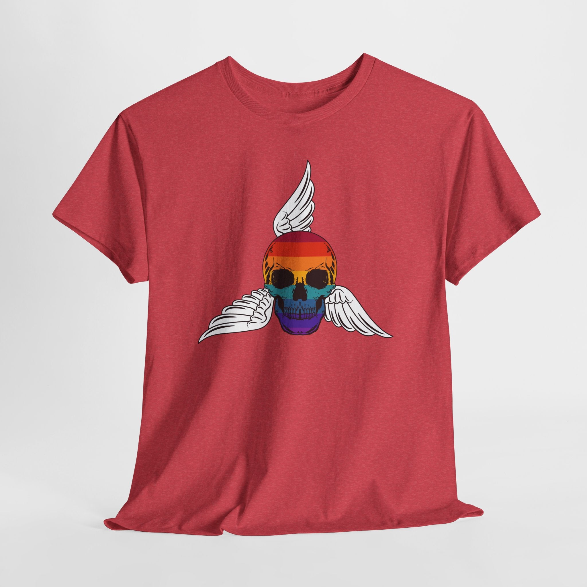 Graphic Rainbow Winged Skull Unisex Heavy Cotton T-Shirt — Edgy Pride Skull Tee for LGBTQIA+ Events & Festivals