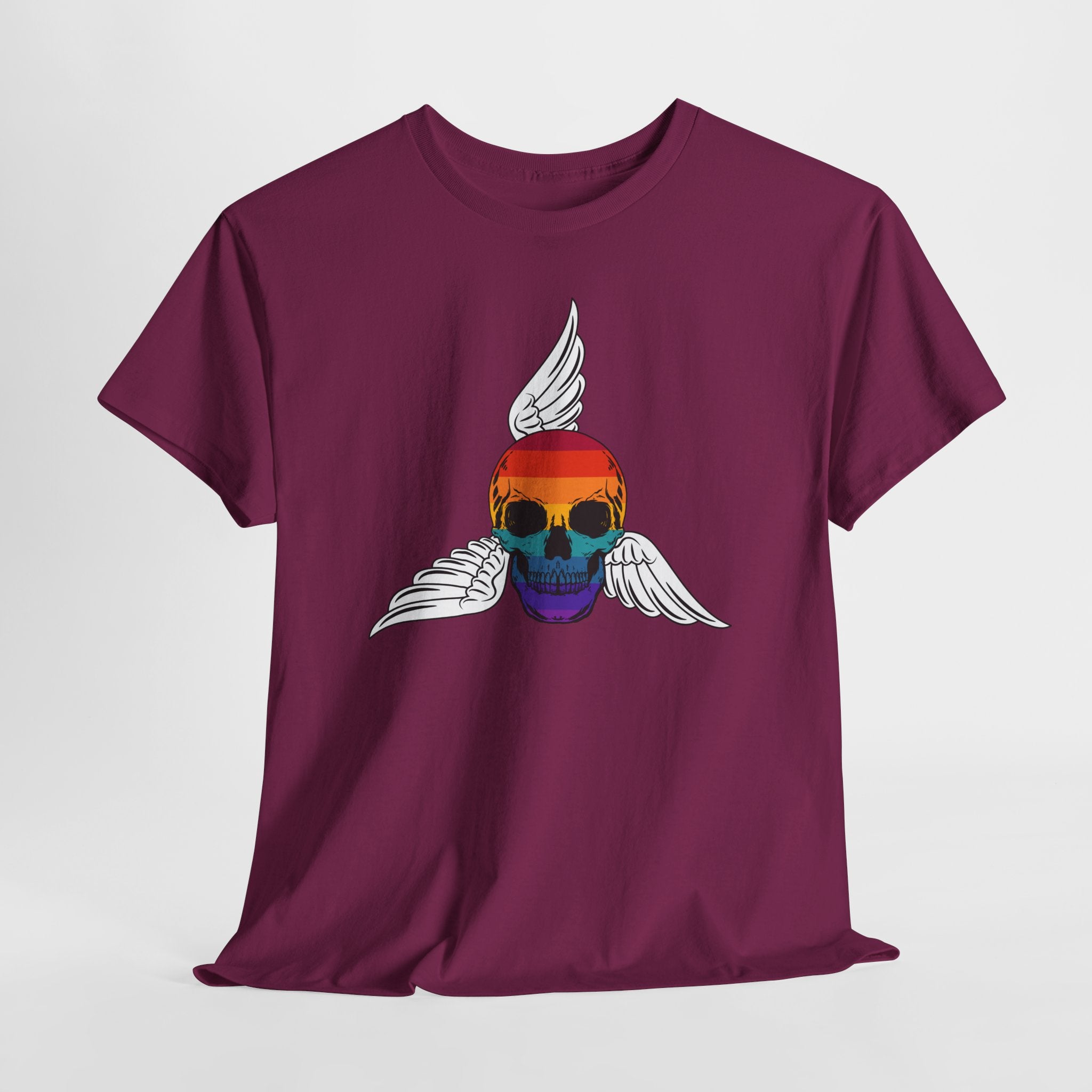 Graphic Rainbow Winged Skull Unisex Heavy Cotton T-Shirt — Edgy Pride Skull Tee for LGBTQIA+ Events & Festivals