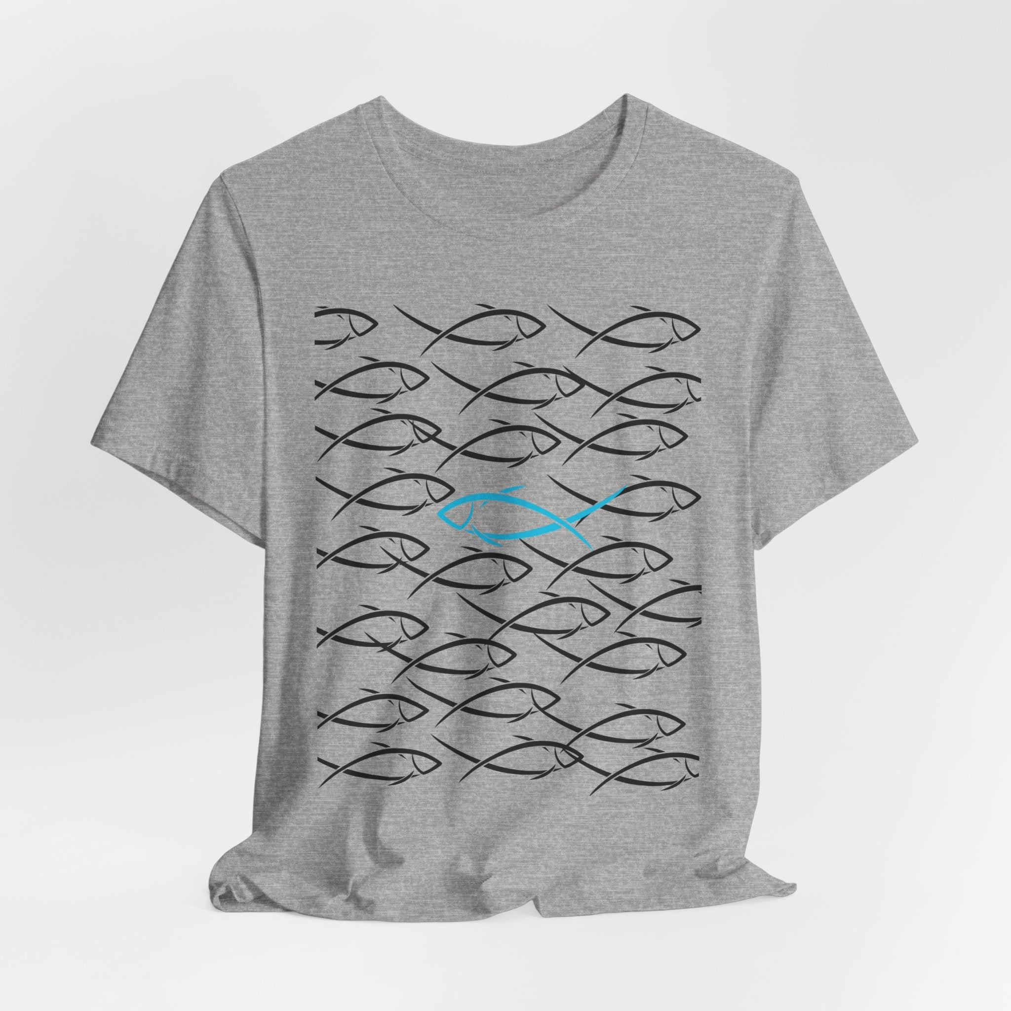 Graphic School of Fish Unisex Heavy Cotton Tee — "Go In Your Own Direction" Blue Highlighted Fish Graphic T-Shirt