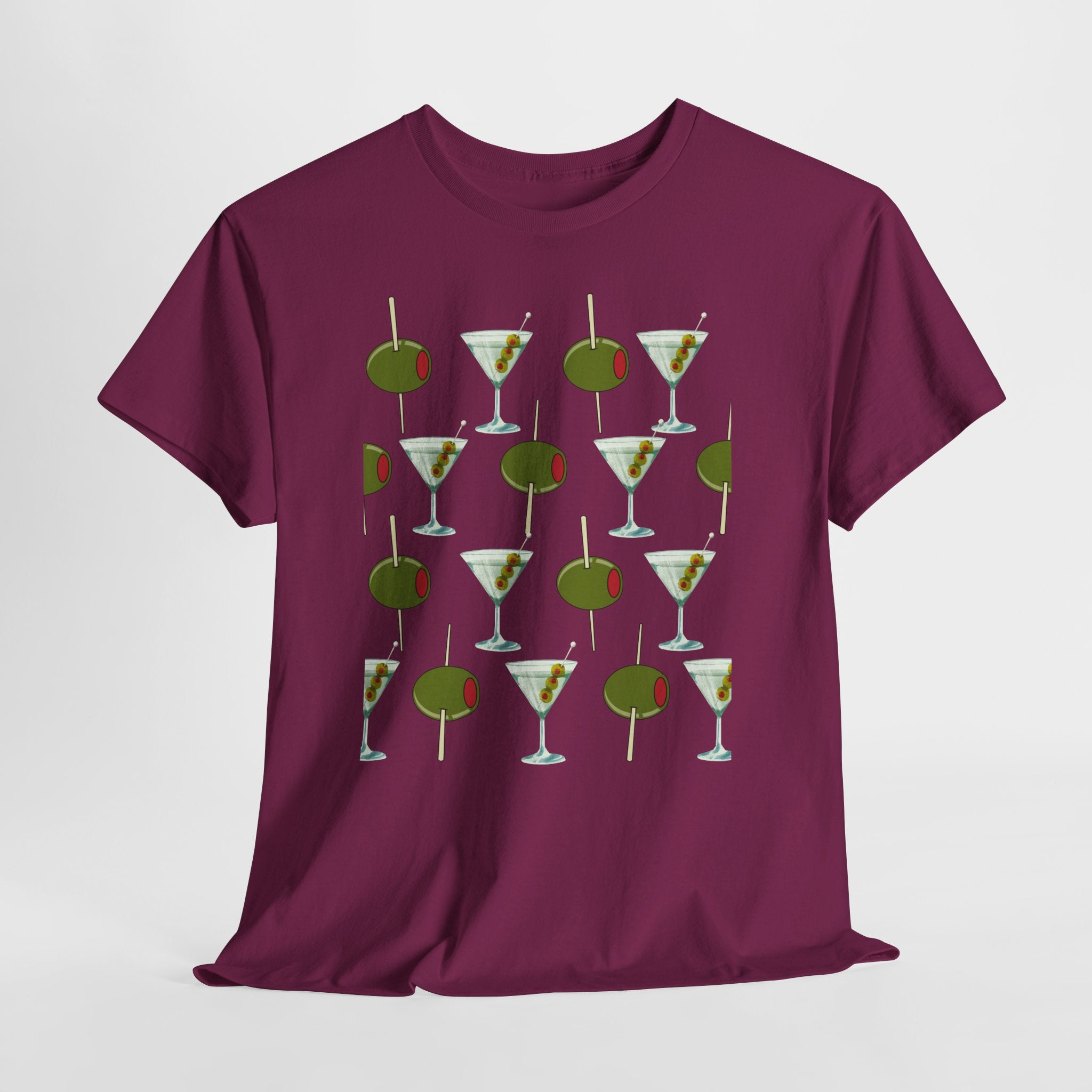 Fun Retro Martini Olive Graphic Pattern Unisex Heavy Cotton Tee — Cocktail Culture Lovers Graphic T-Shirt