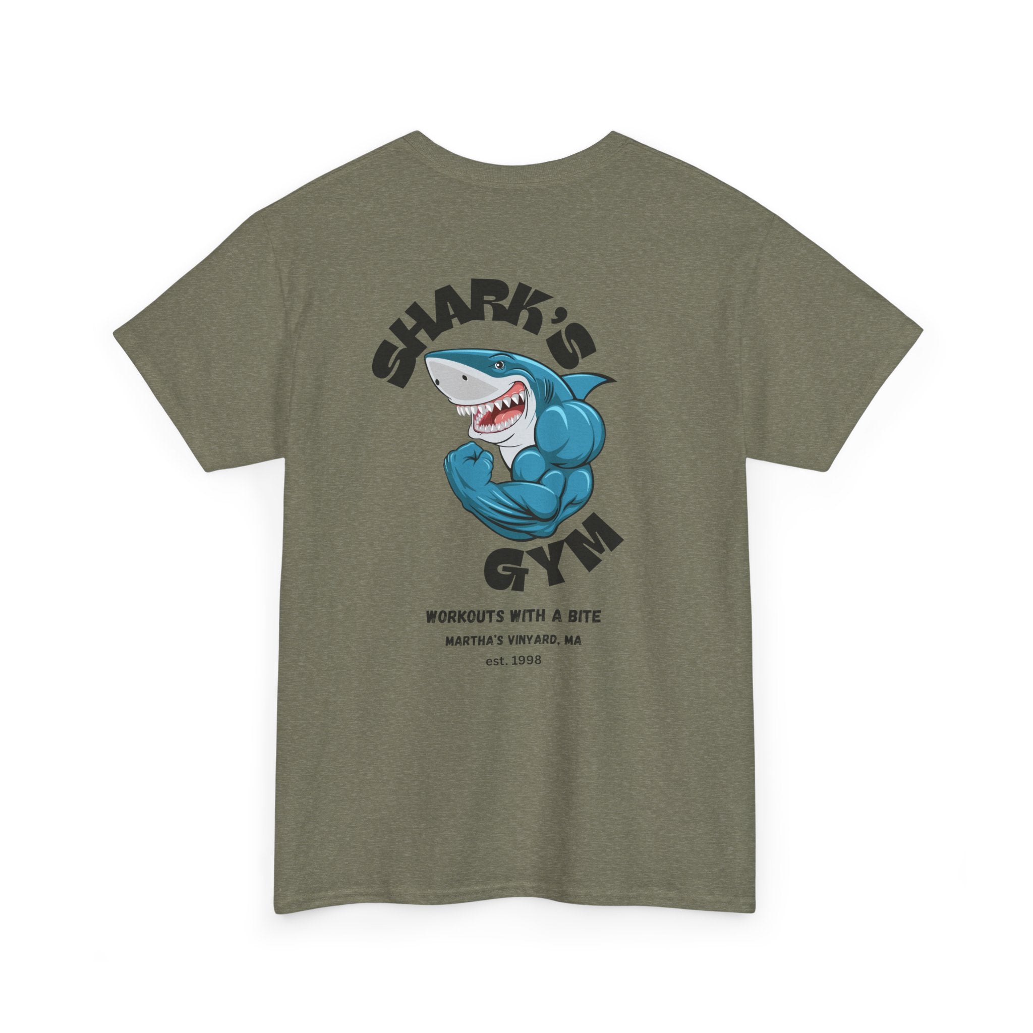 World Famous Shark's Gym  Martha's Vinyard, MA  (Back Design) Unisex Workout Tee Shirt