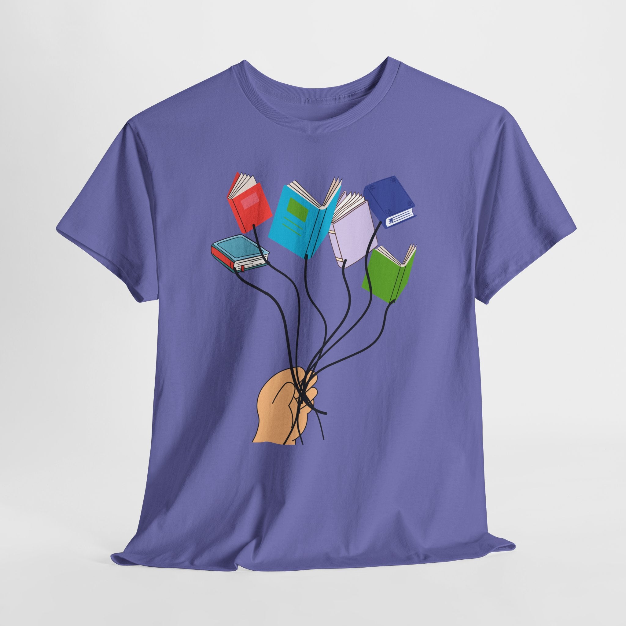 Graphic Book Lovers Balloon Book Bouquet Unisex Heavy Cotton T-Shirt — Colorful Floating Books Graphic Tee for Readers & Teachers