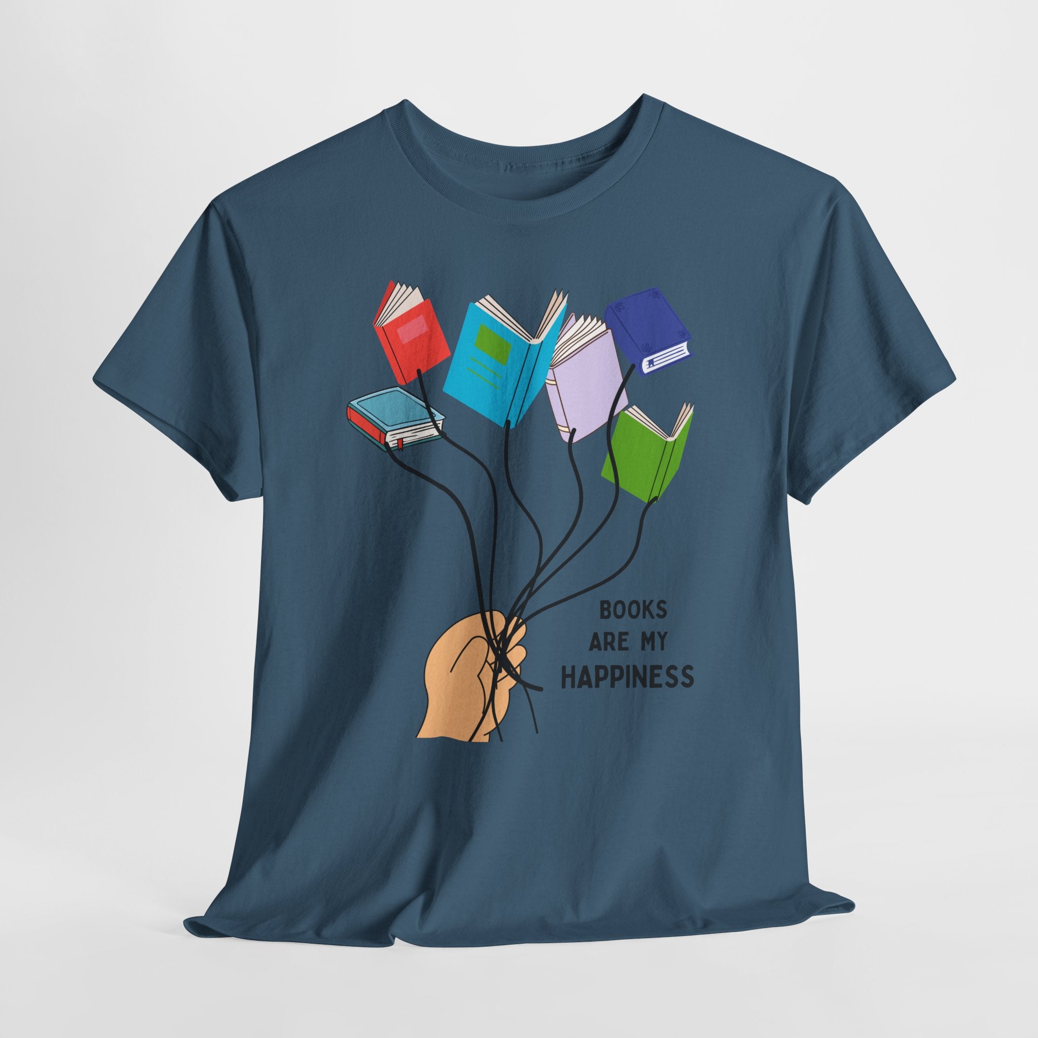 Fun Books Are My Happiness Unisex Heavy Cotton T-Shirt — Book Lover Tee with Colorful Book Balloon Bouquet