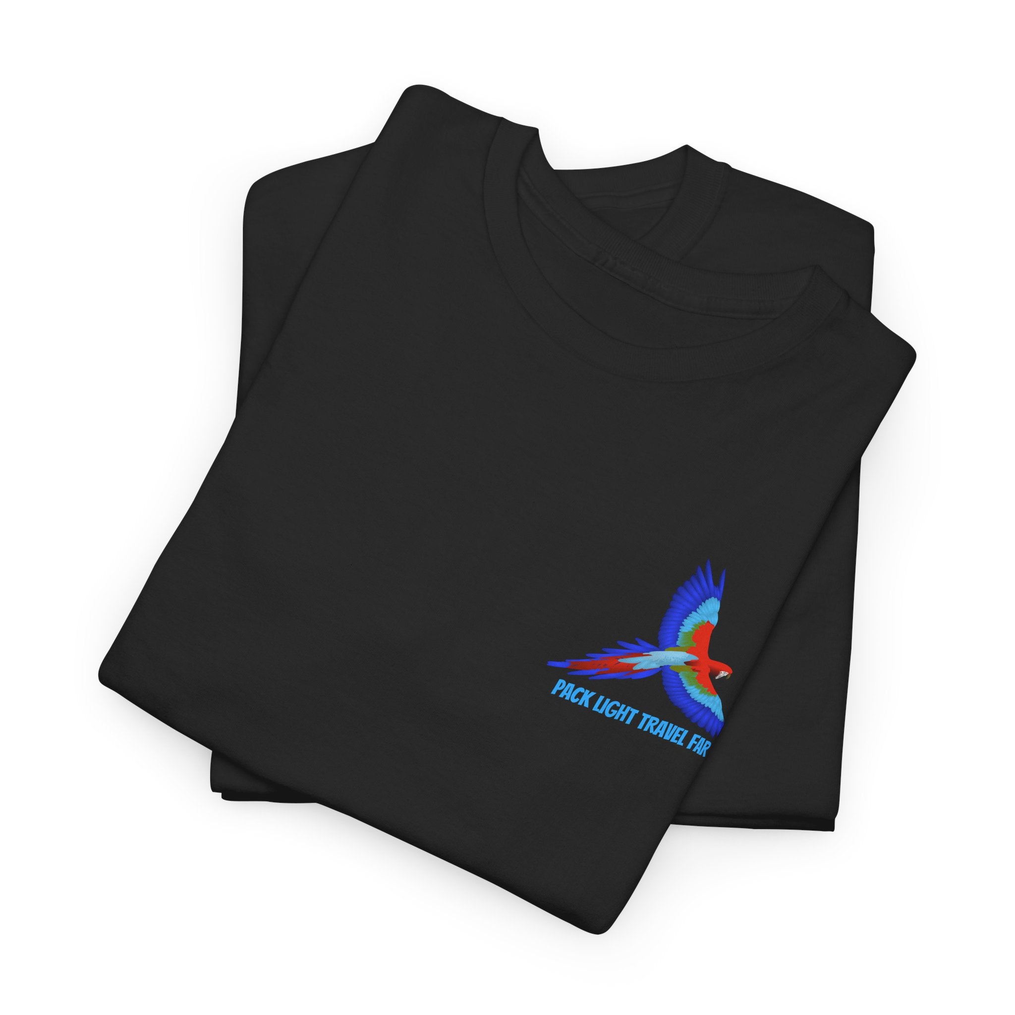 Express your Travel needs with  Pack Light and Travel Far Unisex T shirt with colorful Macaw Design