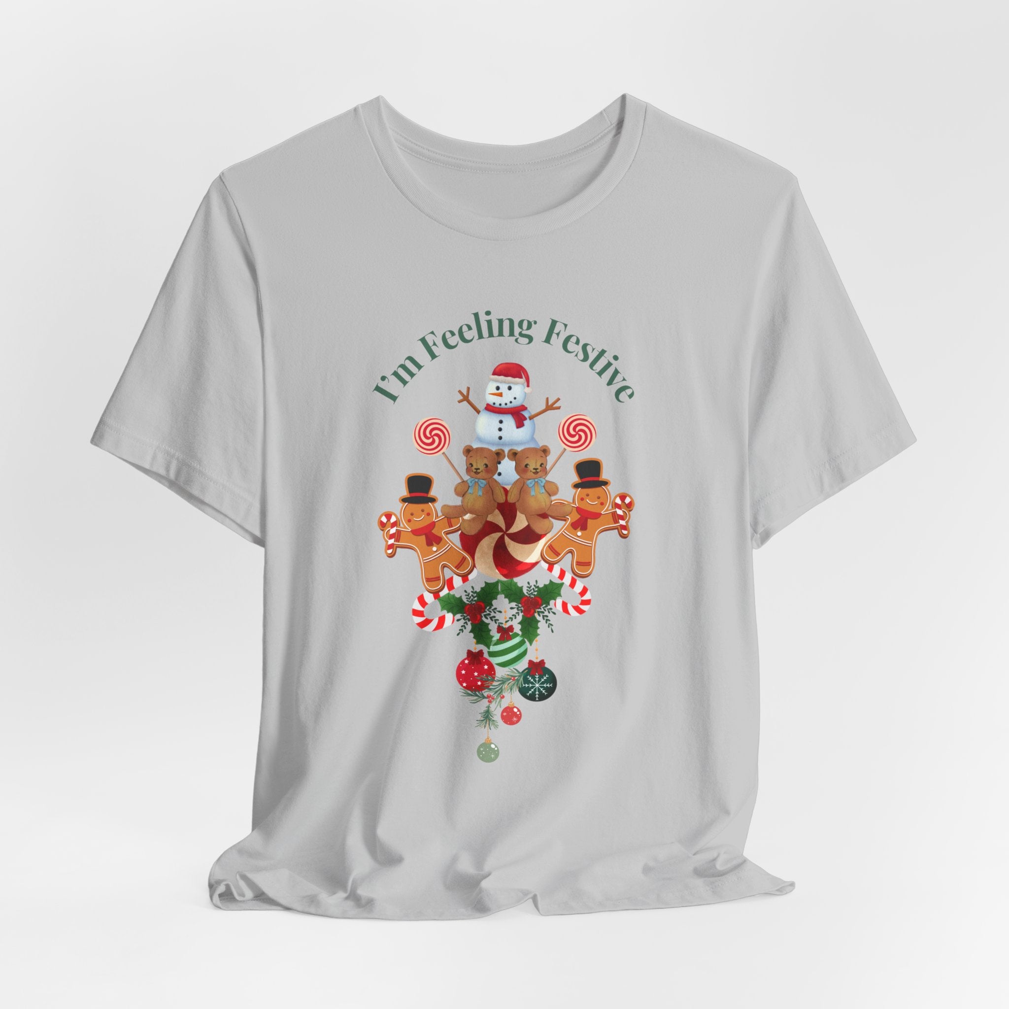 Colorful Holiday Tee — "I'm Feeling Festive" Christmas Reindeer & Snowman Graphic  Unisex Heavy Cotton T-Shirt