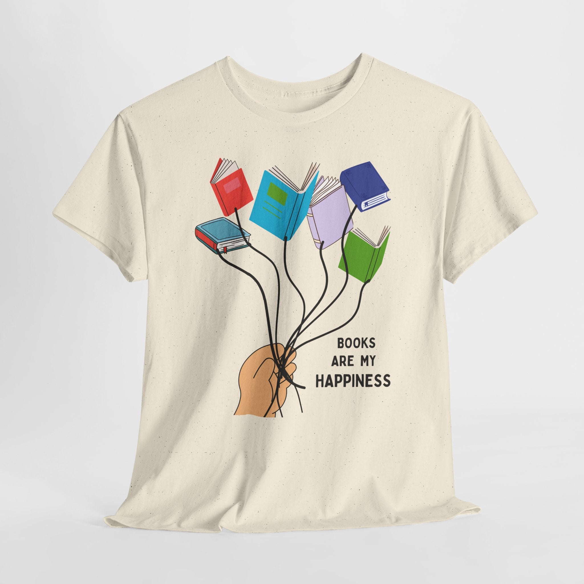 Fun Books Are My Happiness Unisex Heavy Cotton T-Shirt — Book Lover Tee with Colorful Book Balloon Bouquet