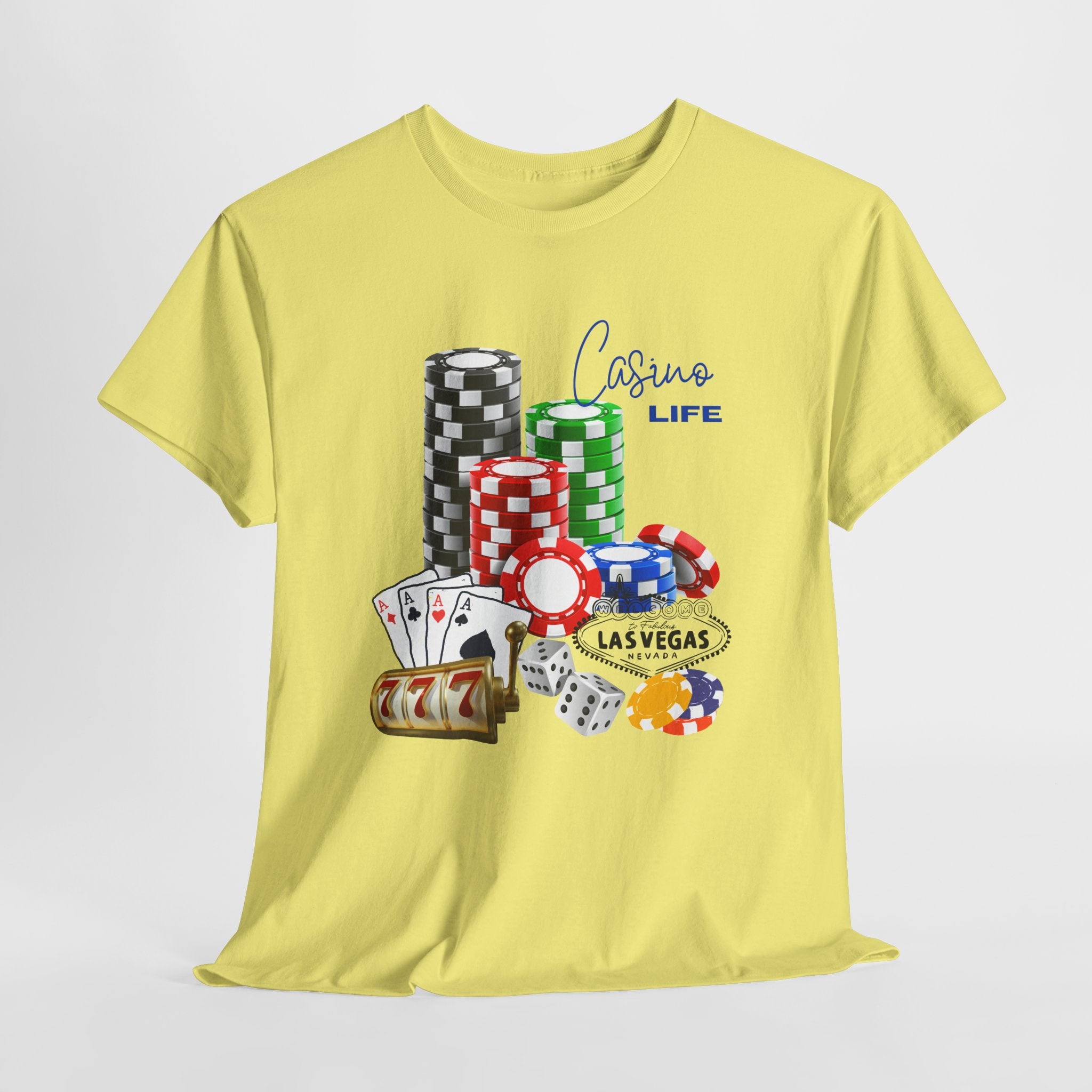 Bring on The Luck with this Casino Life Unisex Heavy Cotton T‑Shirt — Las Vegas Poker Chips & Cards Graphic Tee