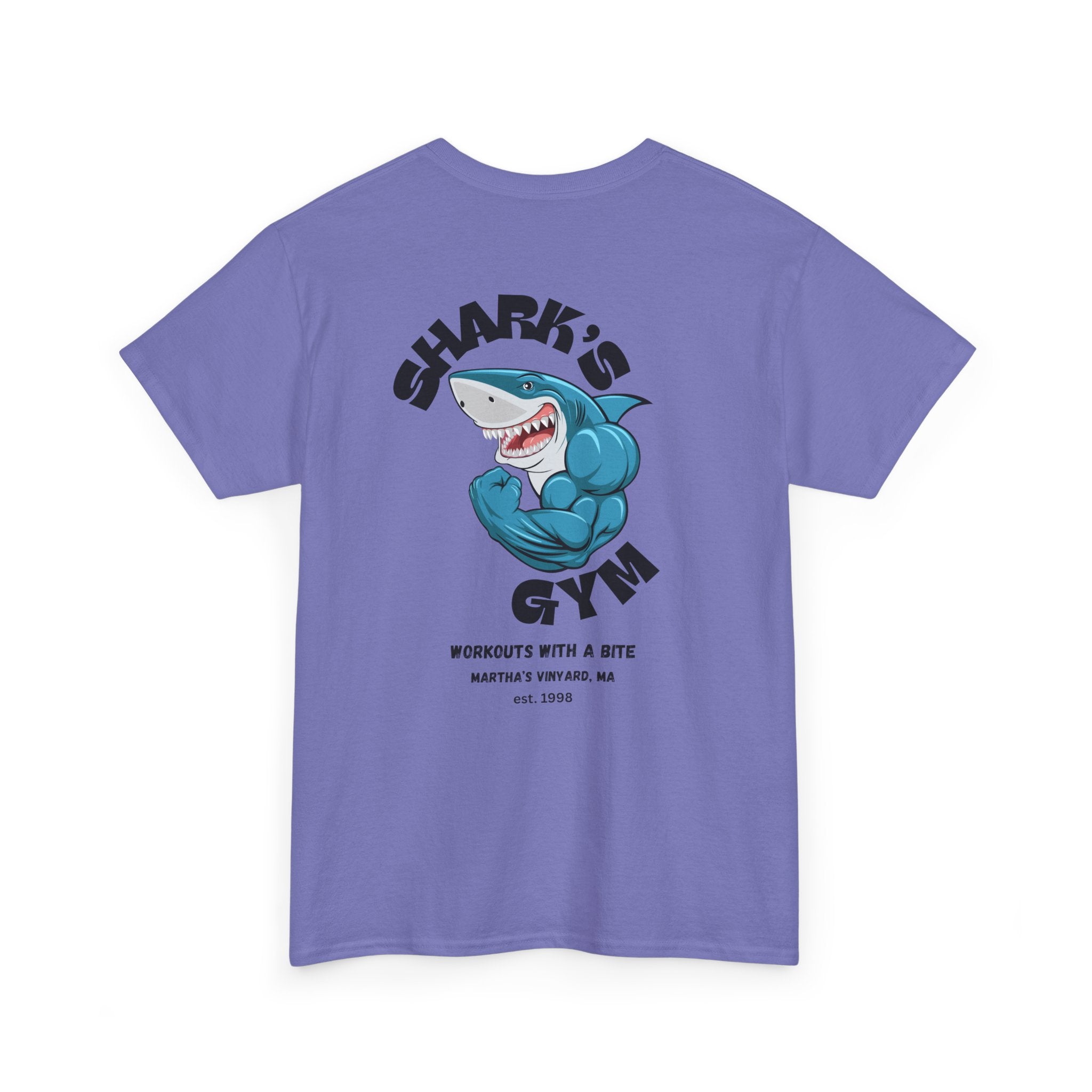 World Famous Shark's Gym  Martha's Vinyard, MA  (Back Design) Unisex Workout Tee Shirt