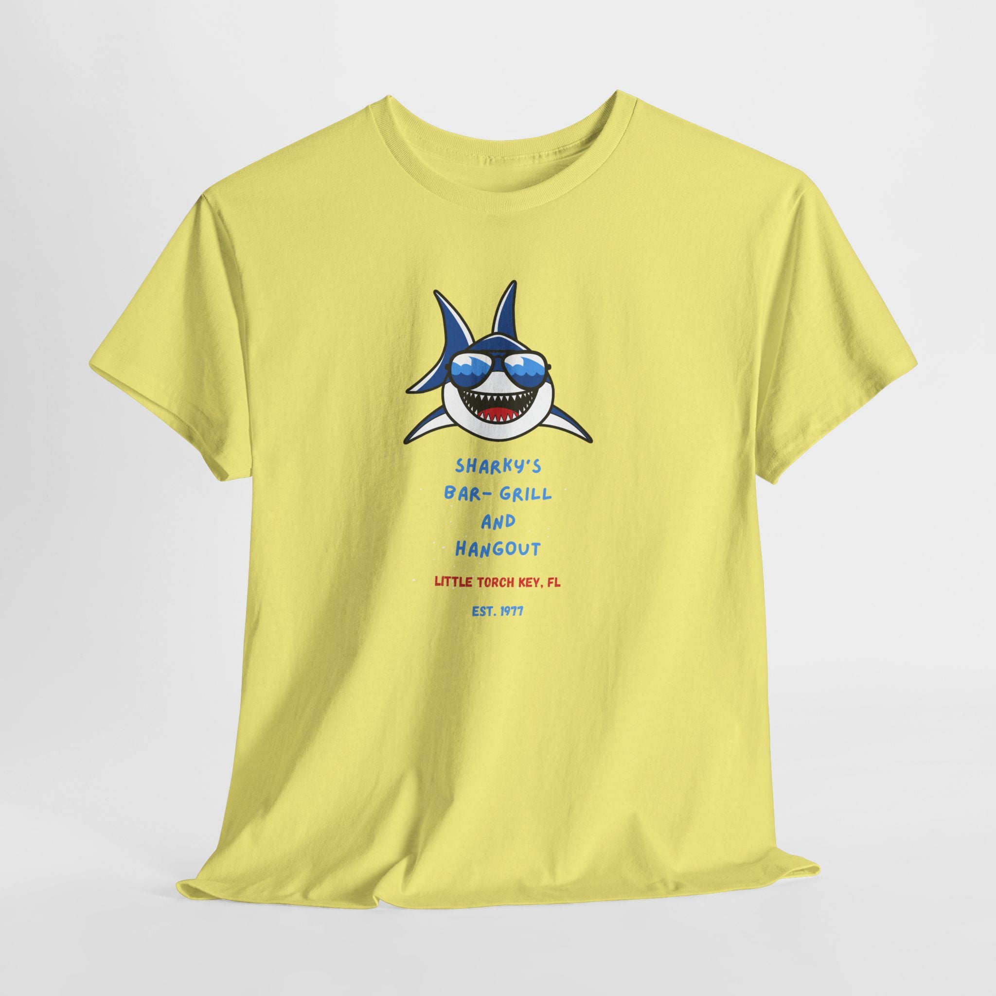 Unisex Cotton Tee - Sharky’s Hangout, in The FL. Keys Fun Graphic Tee, Summer Casual Wear, Beach Party Shirt, Gift for Ocean Lovers