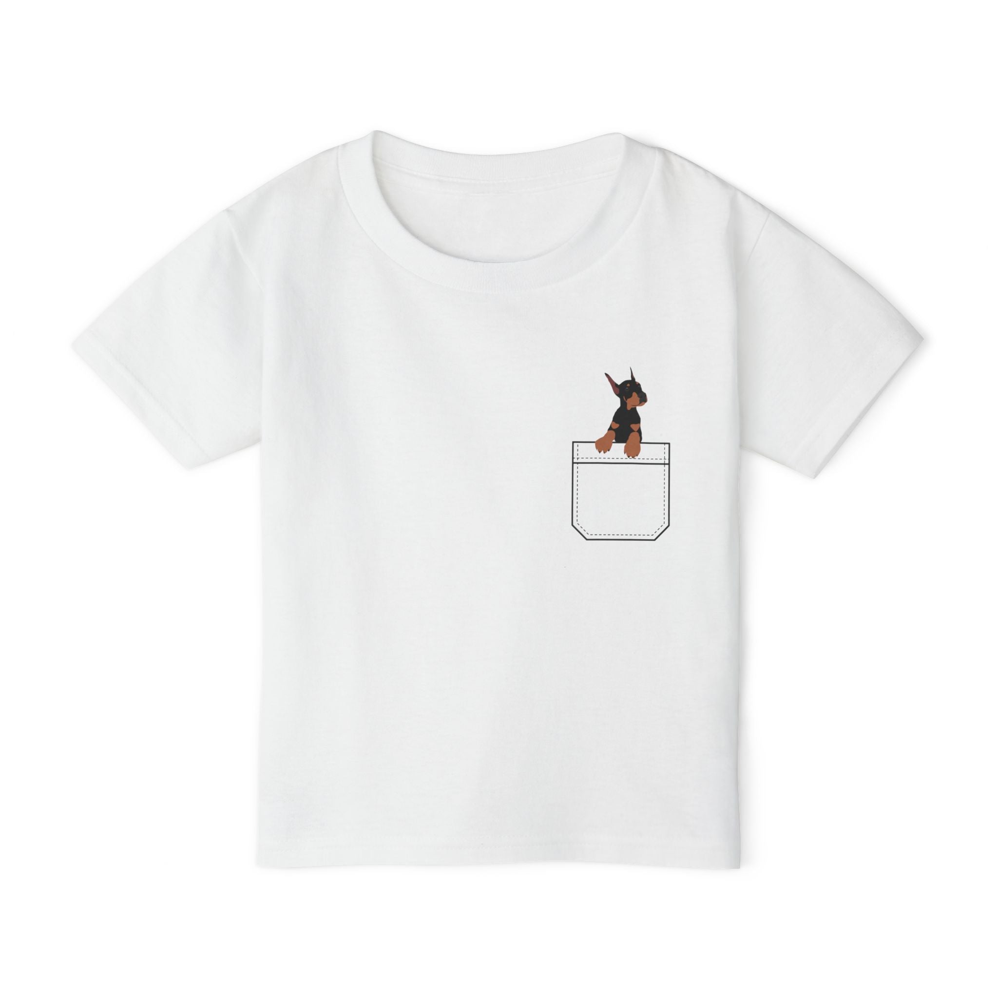 Cute and Fun Pocket Pet (Dog) Heavy Cotton  Toddler  Unisex T-Shirt.  There is NO Pocket in this Shirt.  The Pocket is part of the Design