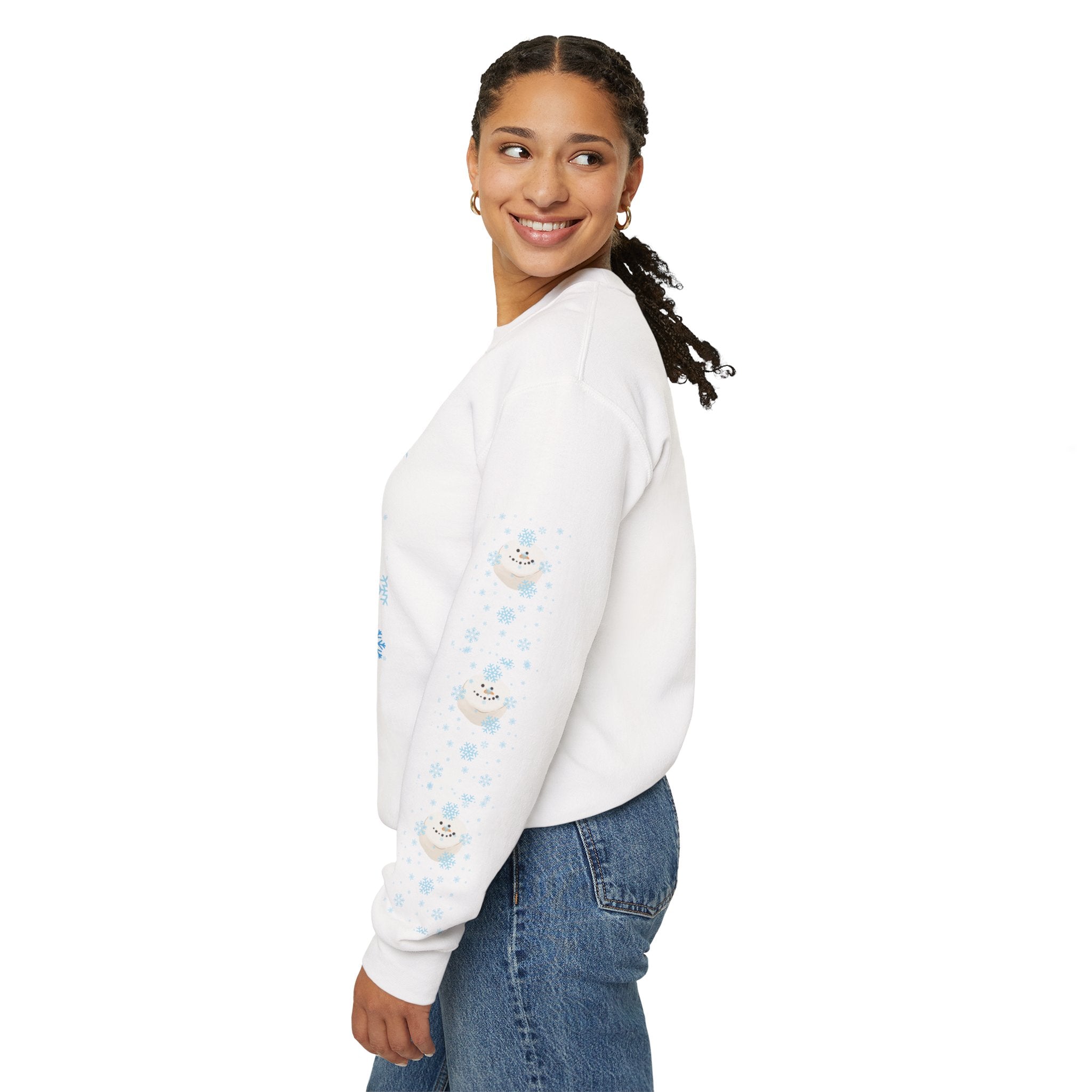 Happy Dog Lover Holiday "Walkin' In A Winter Wonderland" Unisex Crewneck Sweatshirt with Side Arm Embellishments
