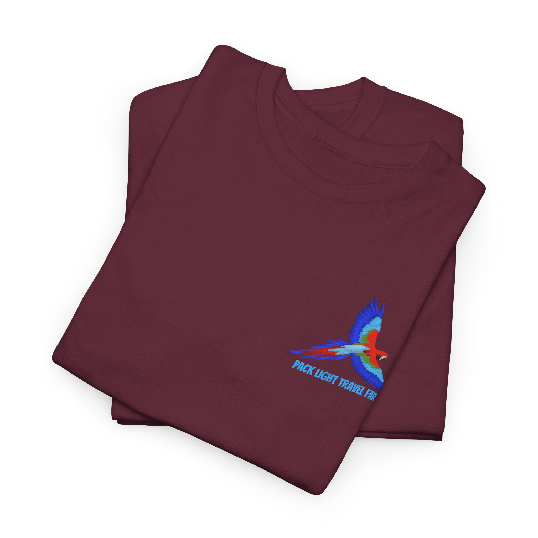 Express your Travel needs with  Pack Light and Travel Far Unisex T shirt with colorful Macaw Design