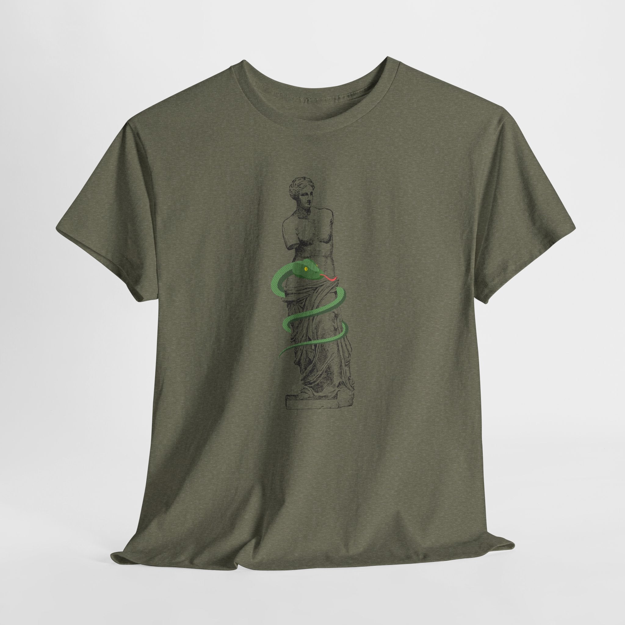 Stylish Venus Di Milo with Serpent Graphic Unisex Heavy Cotton Tee - Classic Greek Statue Design with a slithery twist