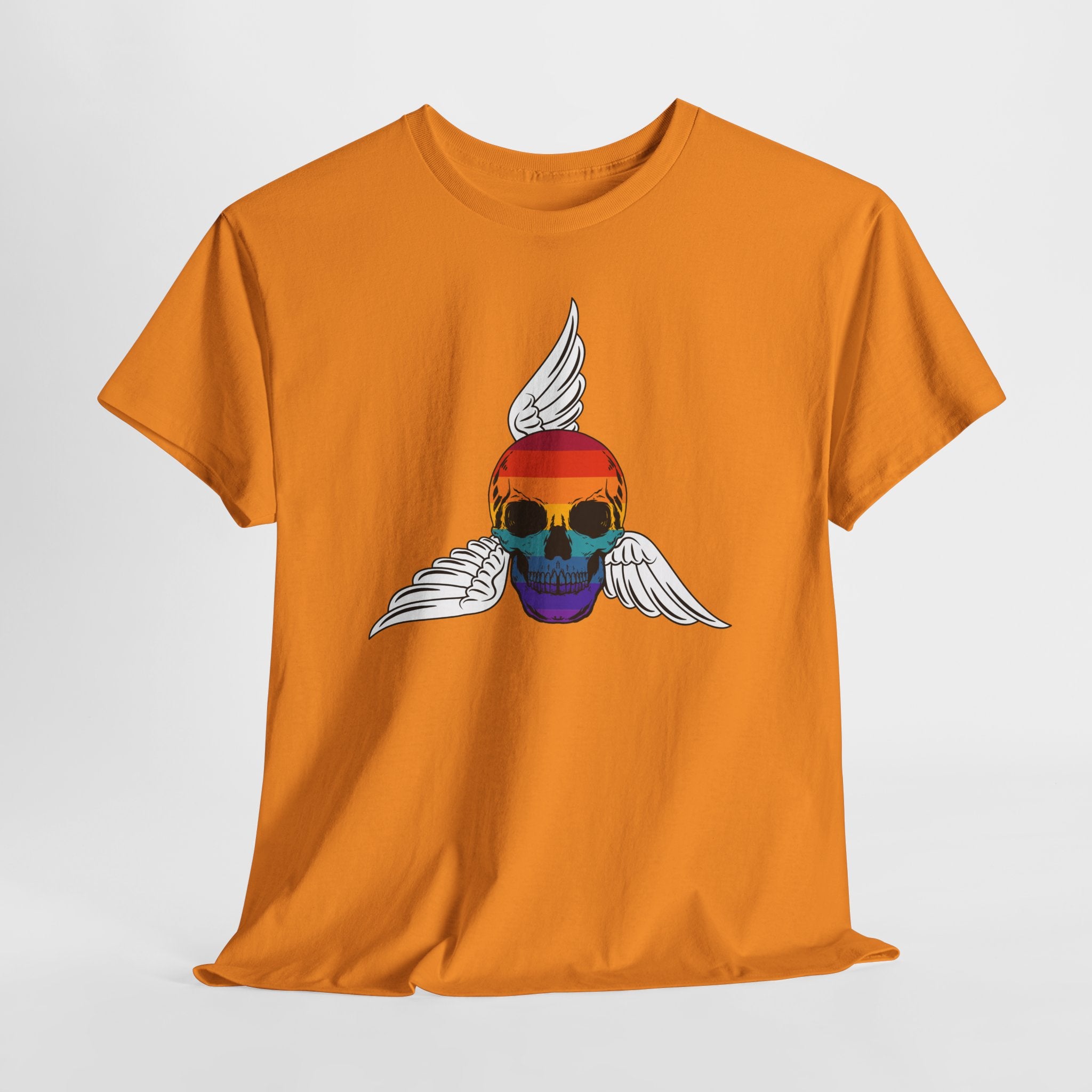 Graphic Rainbow Winged Skull Unisex Heavy Cotton T-Shirt — Edgy Pride Skull Tee for LGBTQIA+ Events & Festivals