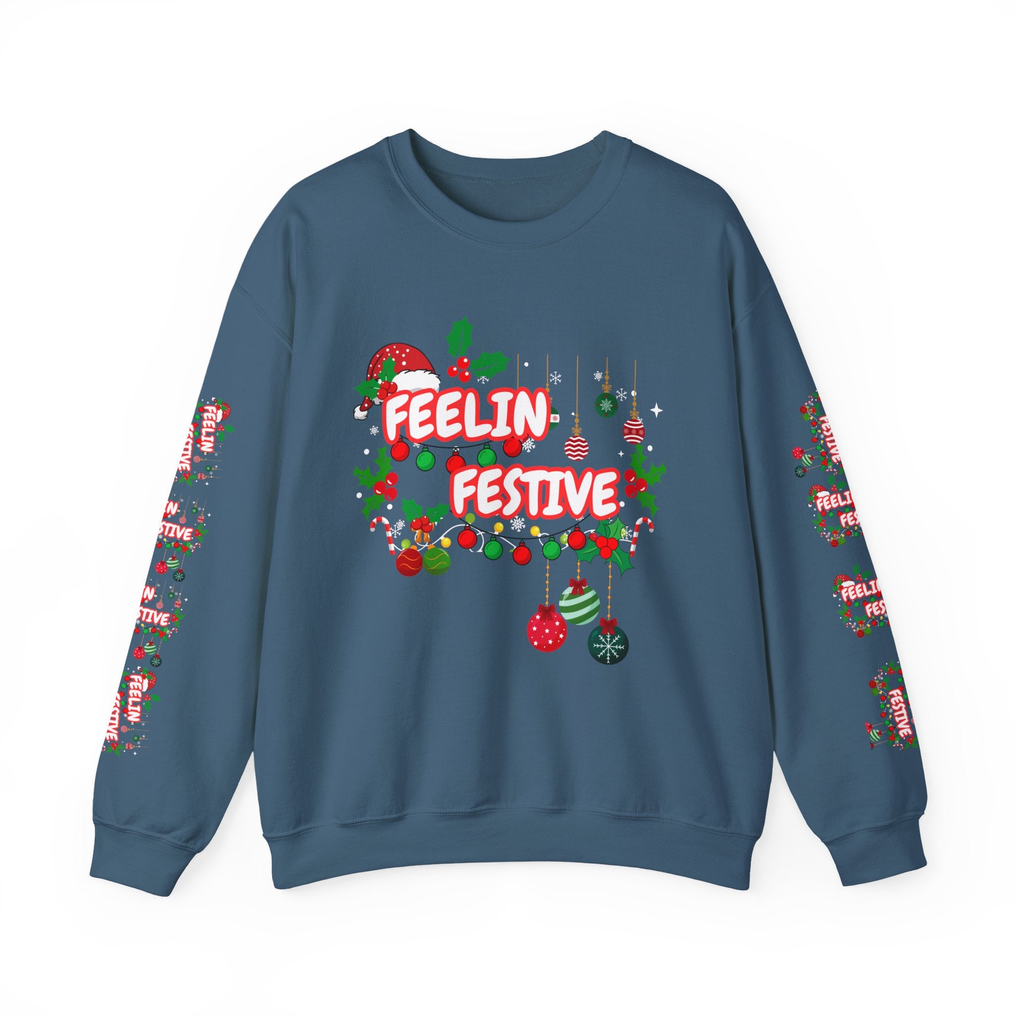 Fun and Traditional Colored Feelin' Festive Crewneck Unisex Sweatshirt with Sleeve Embelishments— Christmas Holiday Graphic On Front and Sleeves