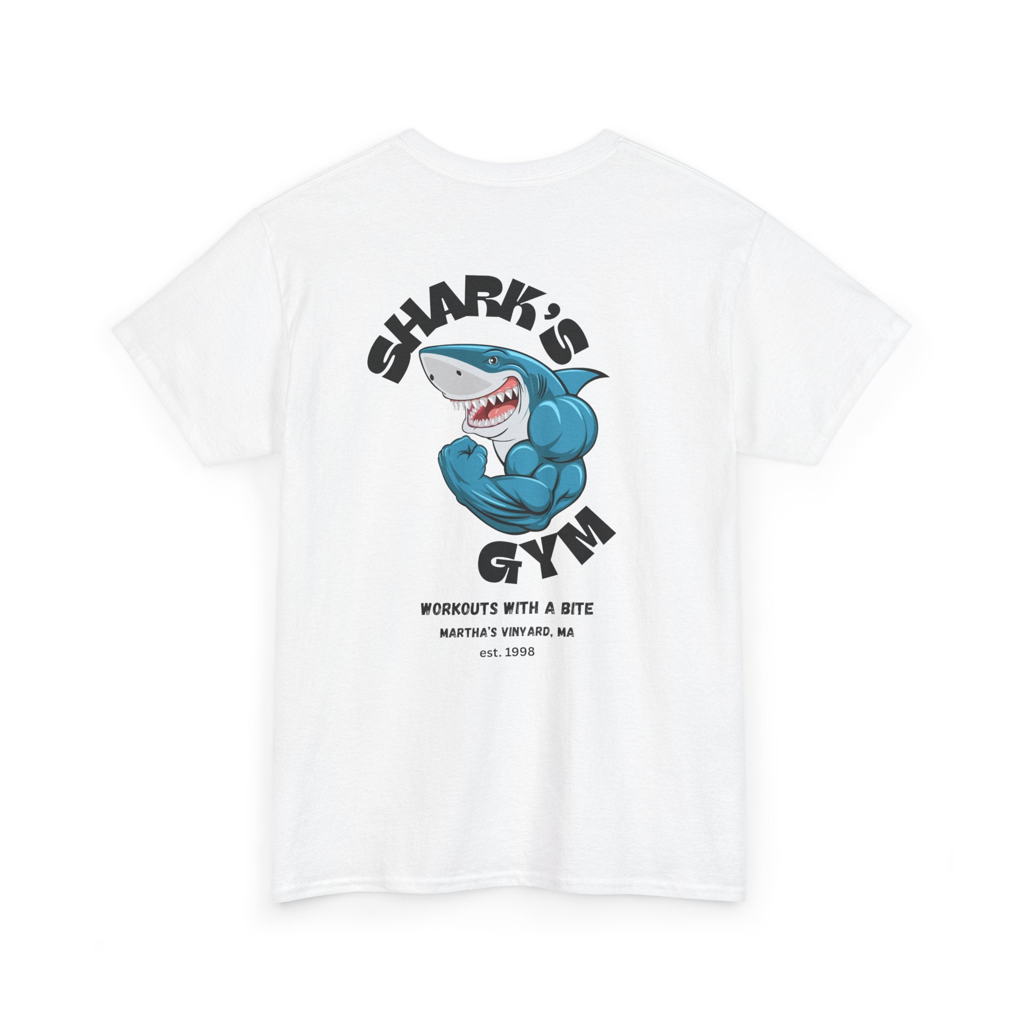 World Famous Shark's Gym  Martha's Vinyard, MA  (Back Design) Unisex Workout Tee Shirt