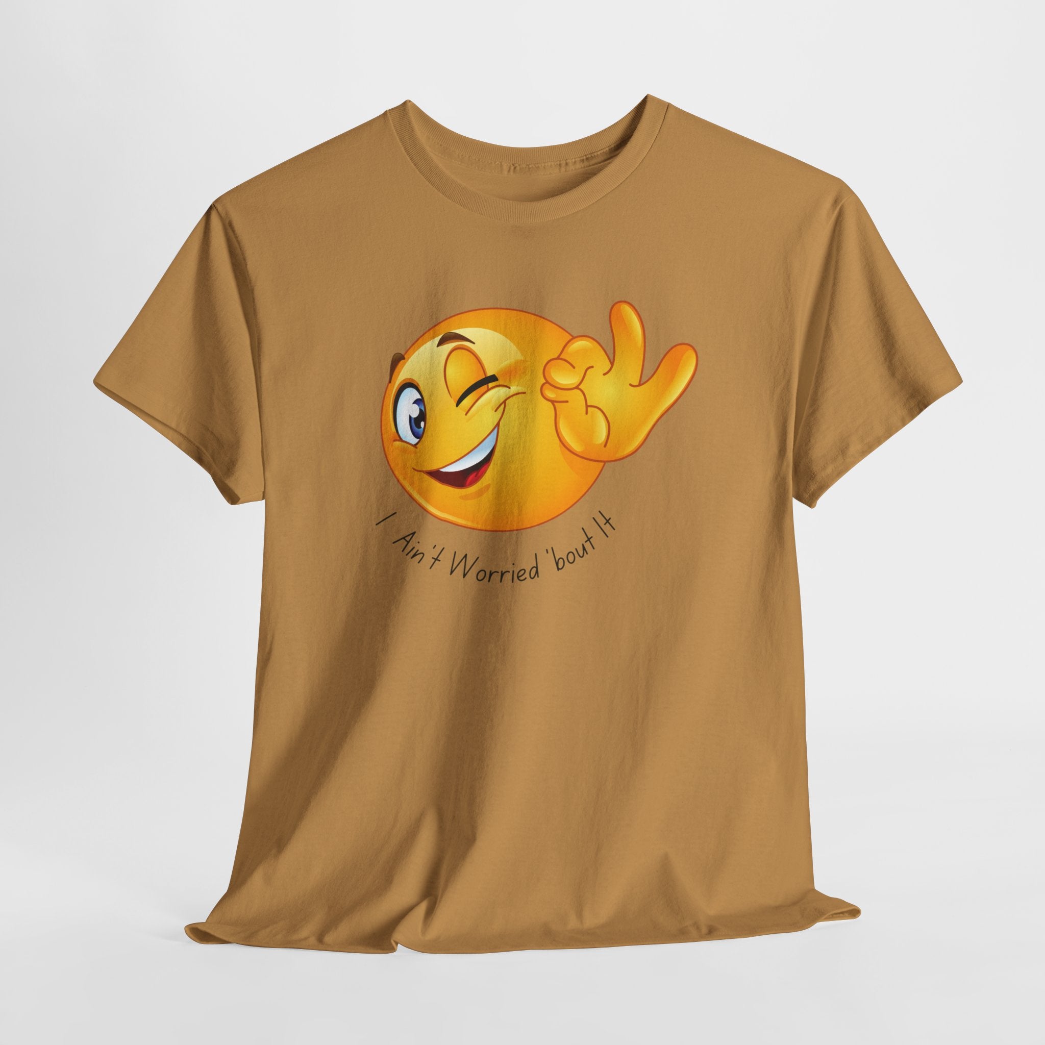 Smiley Winking Emoji Unisex Heavy Cotton Tee Shirt  — "I Ain’t Worried Bout It" Graphic T-Shirt
