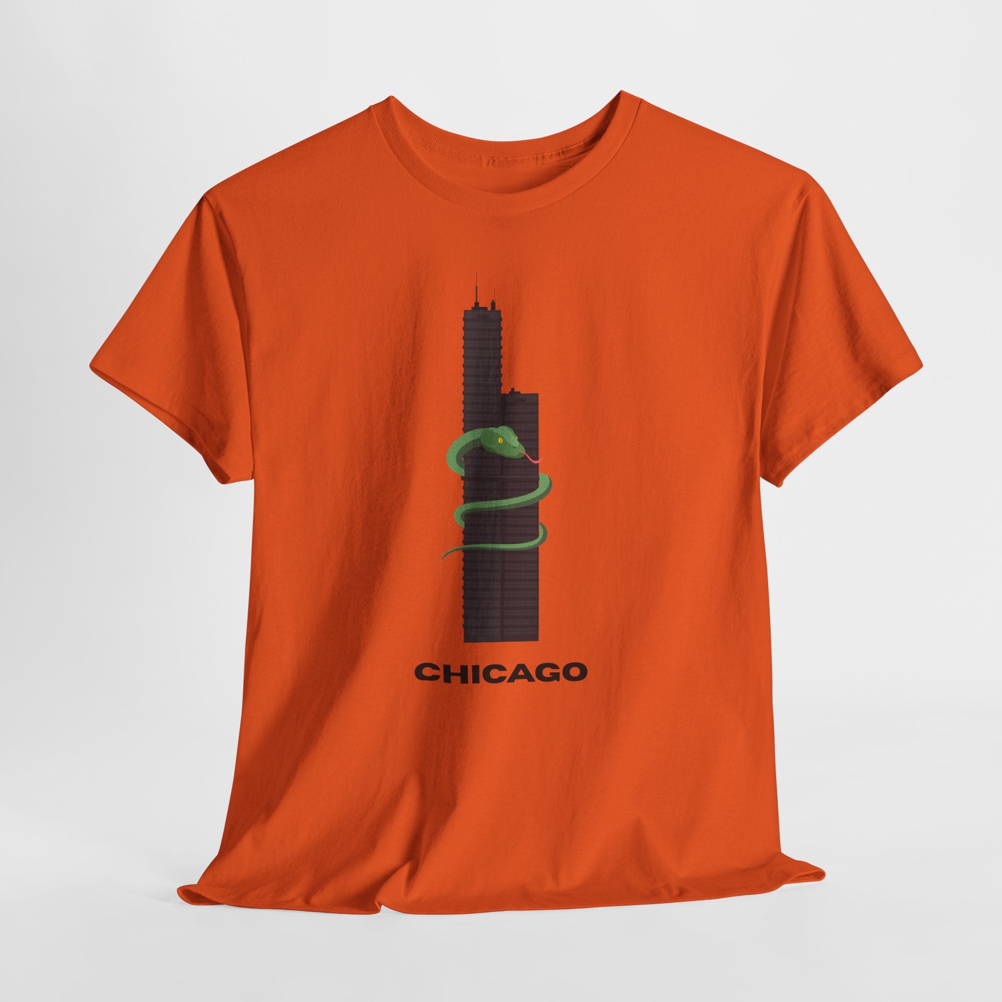 Fun and Quirky Graphic Chicago Skyline  Unisex Heavy Duty T-Shirt with Green Snake Graphic