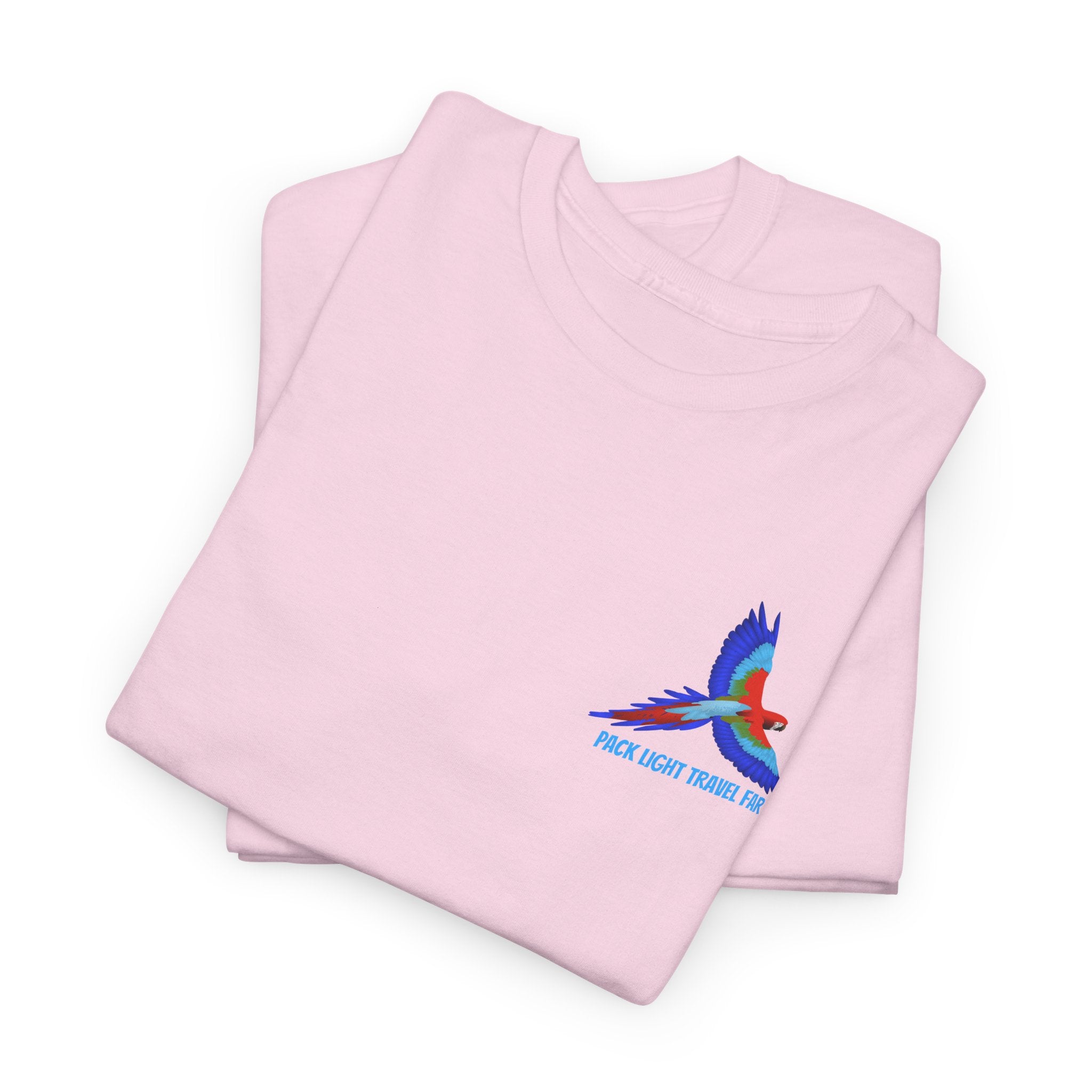 Express your Travel needs with  Pack Light and Travel Far Unisex T shirt with colorful Macaw Design