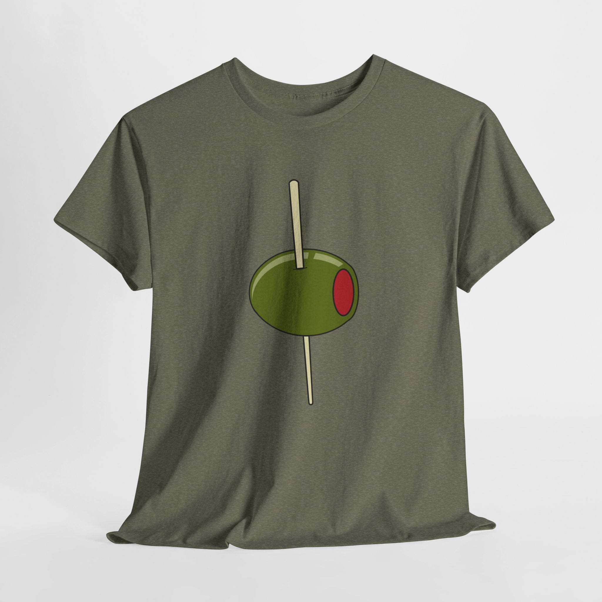 Contemporary Graphic Cocktail Olive on a Pick Unisex Heavy Cotton T-Shirt — Retro Martini Cocktail Graphic Tee