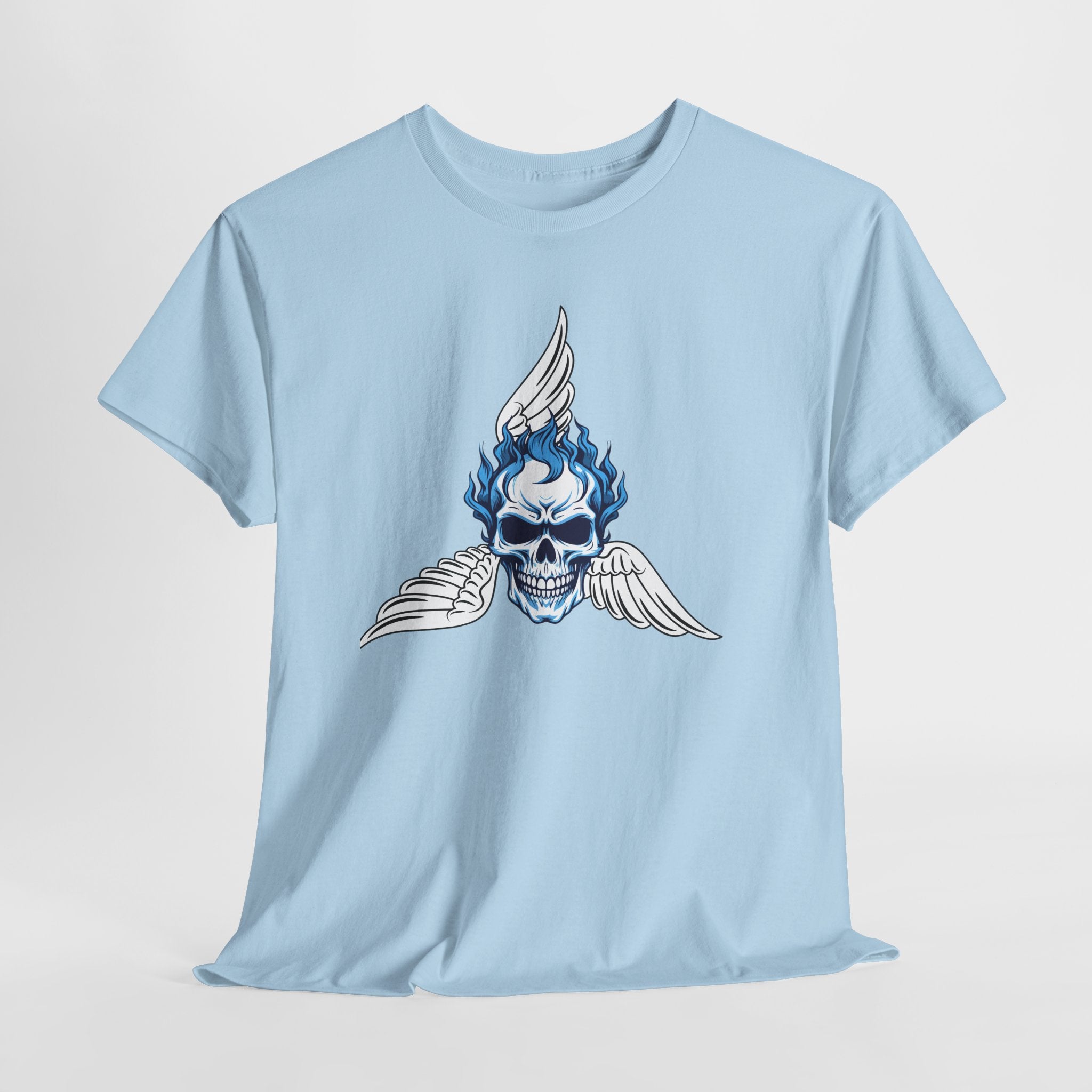 Fun Graphic Skull Flame Tee — Blue Flaming Skull with Wings Graphic  Unisex Heavy Cotton T-Shirt