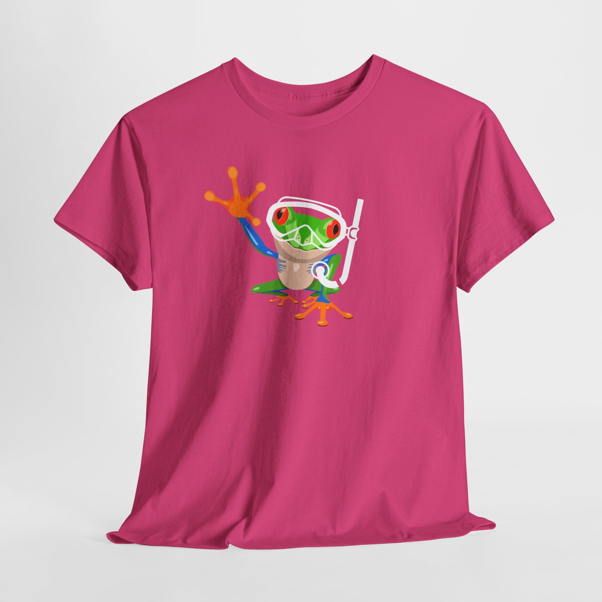 Fun Quirky Snorkel Tree Frog  (Dark Colors) Unisex Heavy Cotton Tee, Funny Frog Shirt, Cute Graphic Tee, Perfect Gift for Nature Lovers, Summer Fun Fashion