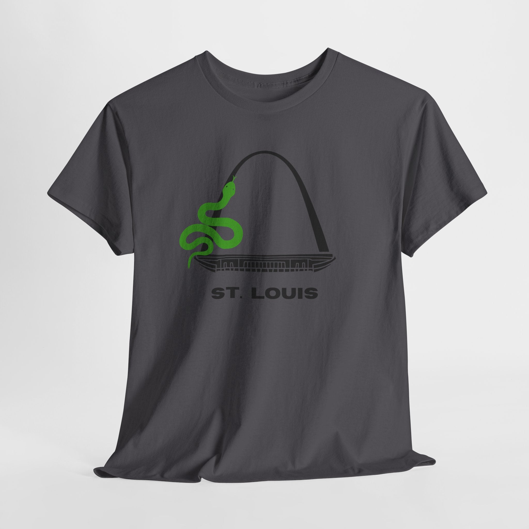 Fun and Quirky St. Louis Gateway Arch Graphic Unisex Heavy Cotton T‑Shirt — Green Snake Design