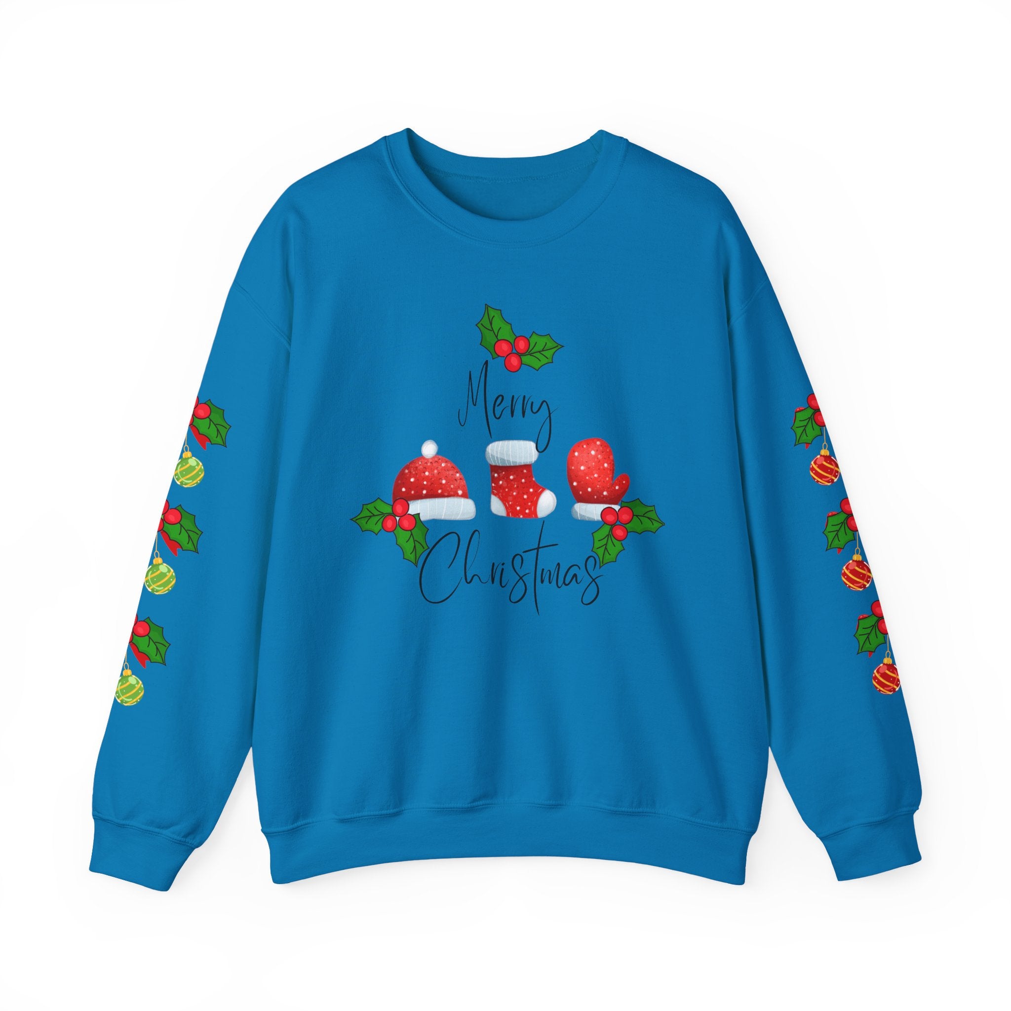 Festive Christmas Ornaments Unisex Sweatshirt Embellished with Side Arm Printing— 'Merry Christmas' Festive Holiday Crewneck