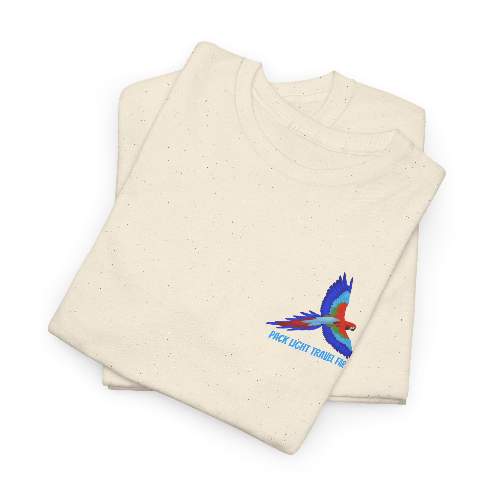 Express your Travel needs with  Pack Light and Travel Far Unisex T shirt with colorful Macaw Design