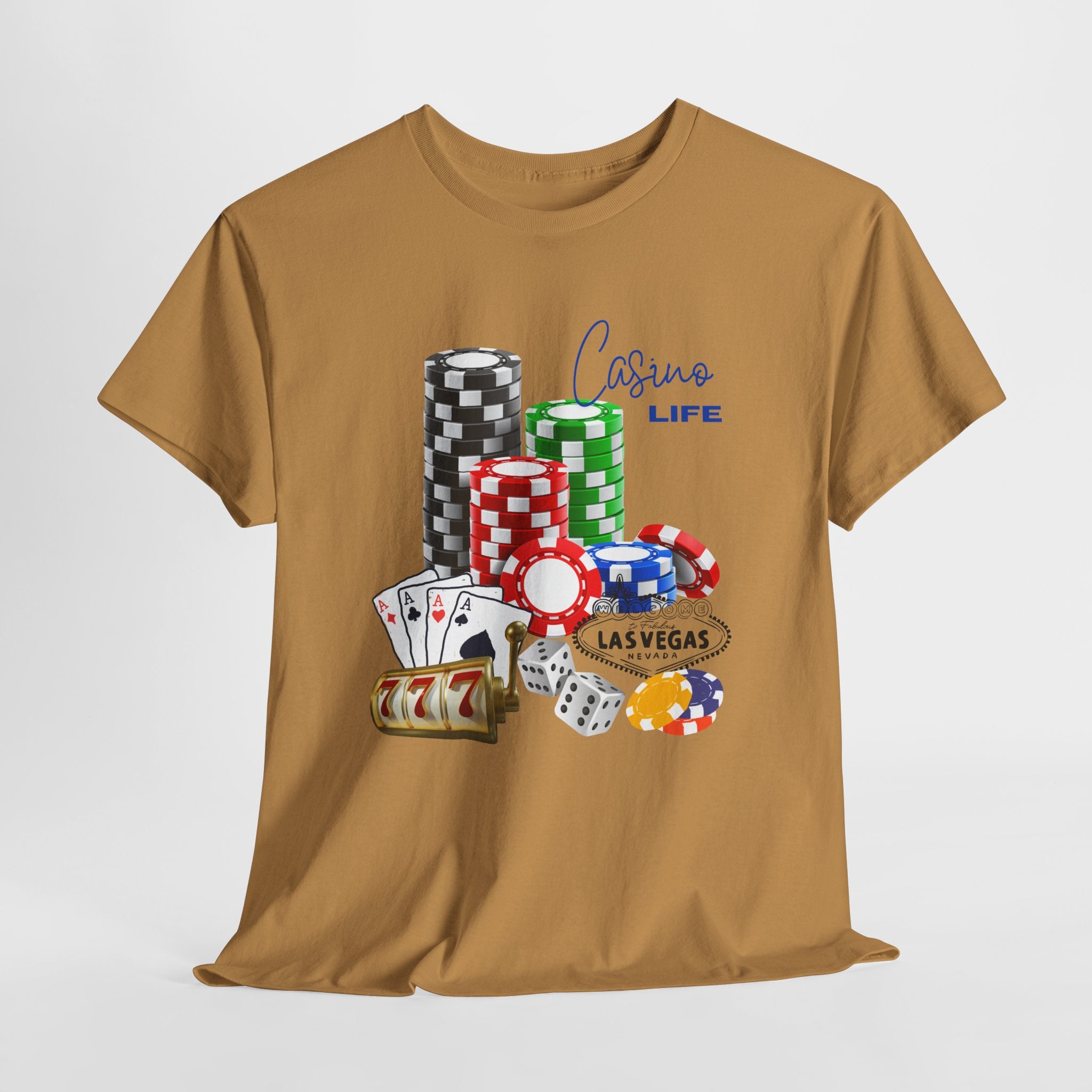 Bring on The Luck with this Casino Life Unisex Heavy Cotton T‑Shirt — Las Vegas Poker Chips & Cards Graphic Tee