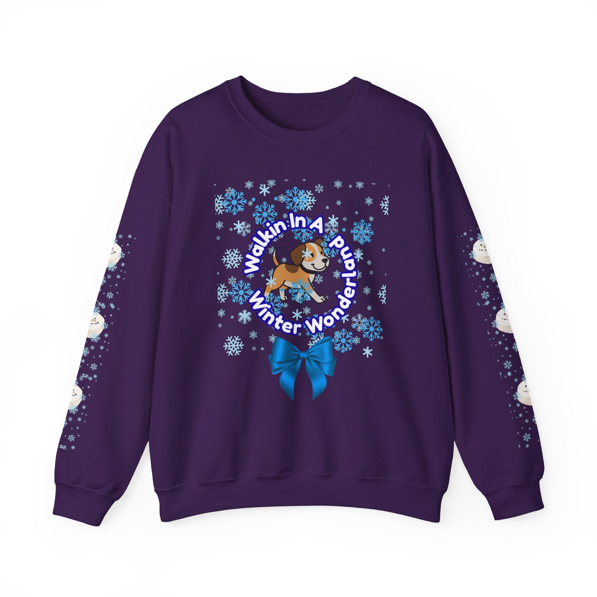 Happy Dog Lover Holiday "Walkin' In A Winter Wonderland" Unisex Crewneck Sweatshirt with Side Arm Embellishments