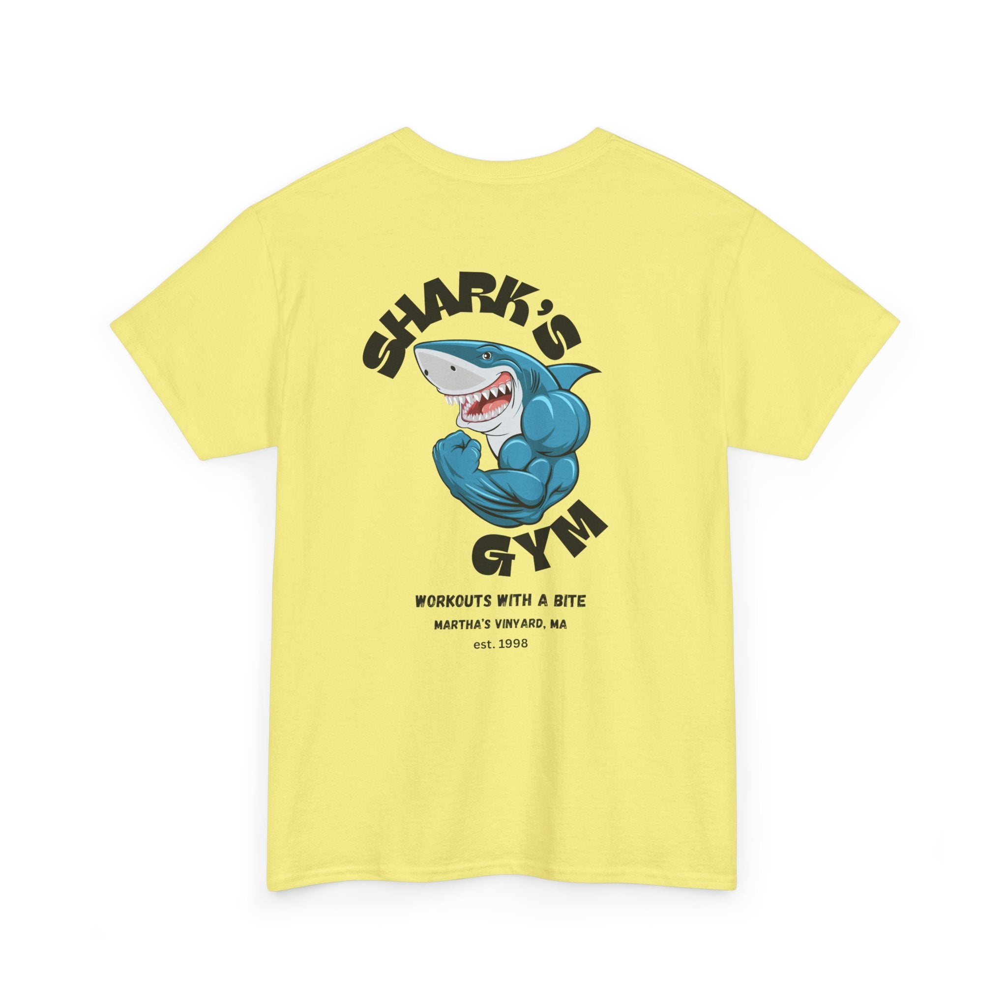 World Famous Shark's Gym  Martha's Vinyard, MA  (Back Design) Unisex Workout Tee Shirt
