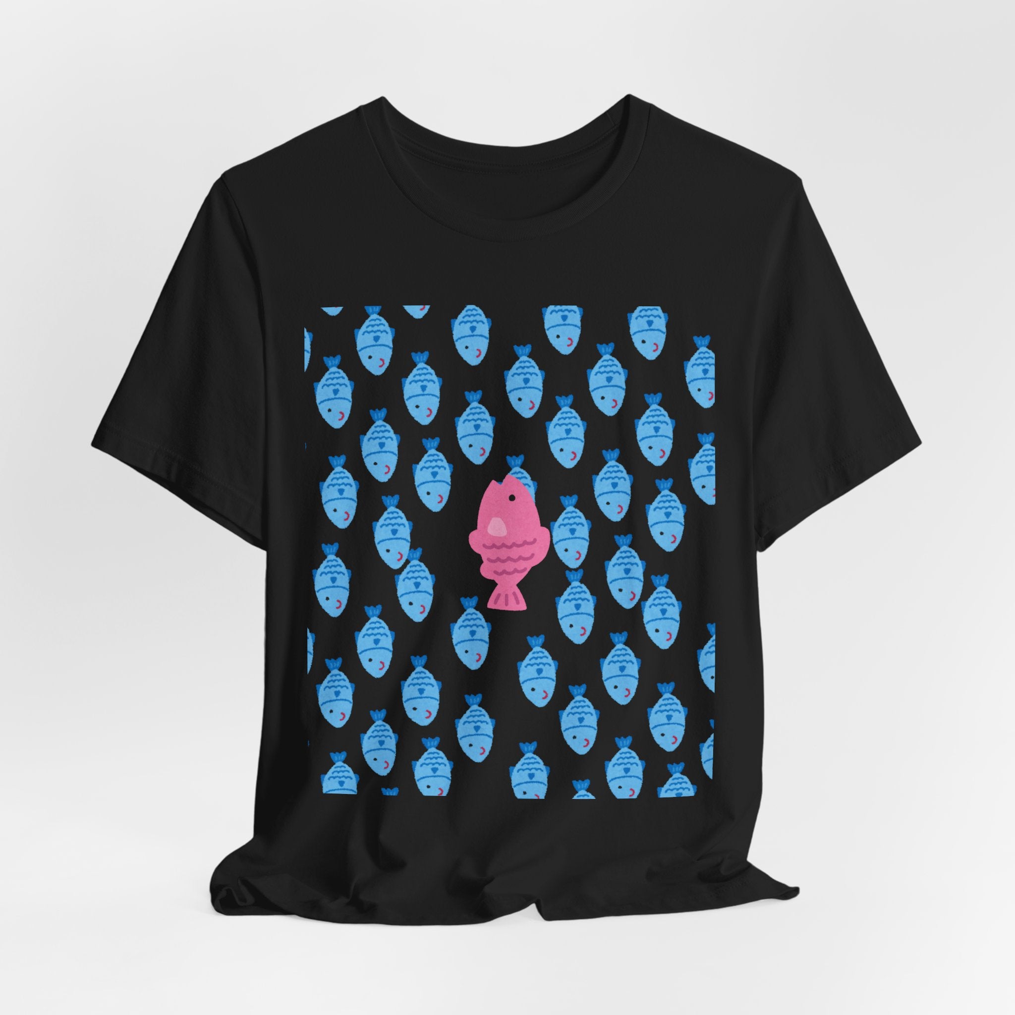 Swim Your Own Course Graphic Unisex Heavy Cotton Tee  Proud to Be Different Pink Fish Among Blue Fish T- Shirt