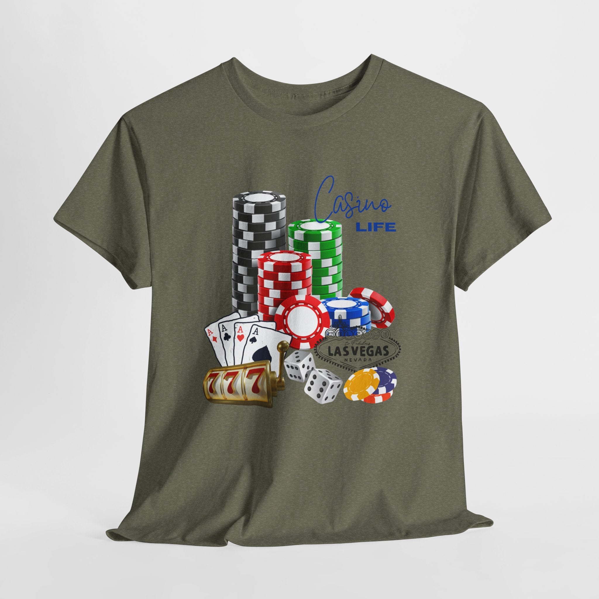 Bring on The Luck with this Casino Life Unisex Heavy Cotton T‑Shirt — Las Vegas Poker Chips & Cards Graphic Tee
