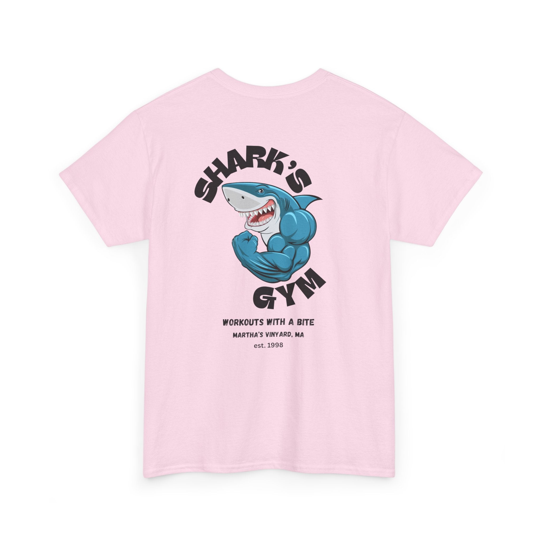 World Famous Shark's Gym  Martha's Vinyard, MA  (Back Design) Unisex Workout Tee Shirt