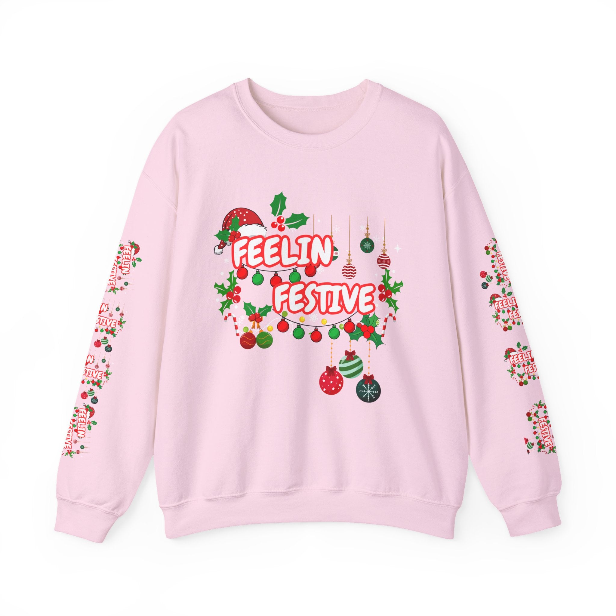 Fun and Traditional Colored Feelin' Festive Crewneck Unisex Sweatshirt with Sleeve Embelishments— Christmas Holiday Graphic On Front and Sleeves