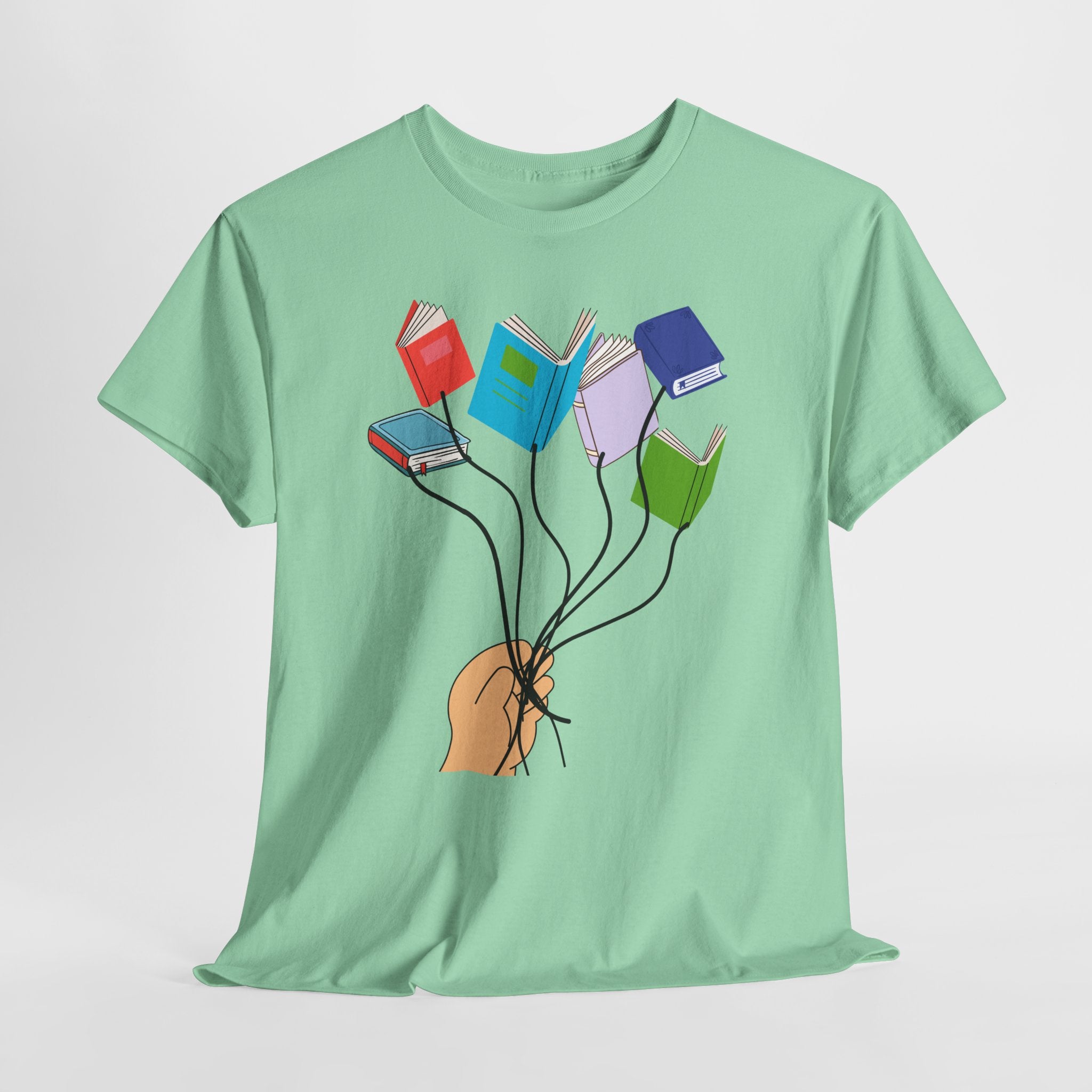 Graphic Book Lovers Balloon Book Bouquet Unisex Heavy Cotton T-Shirt — Colorful Floating Books Graphic Tee for Readers & Teachers