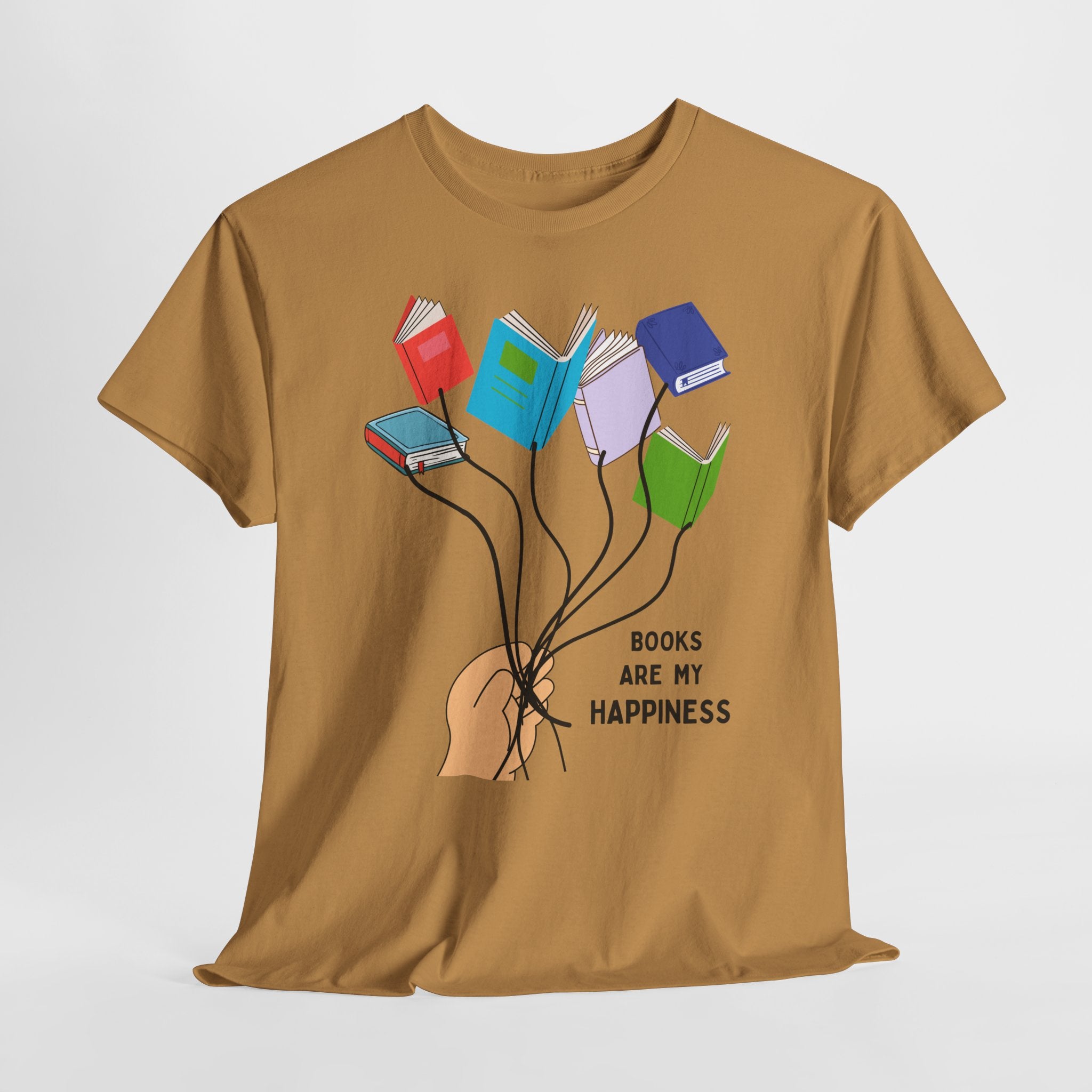 Fun Books Are My Happiness Unisex Heavy Cotton T-Shirt — Book Lover Tee with Colorful Book Balloon Bouquet