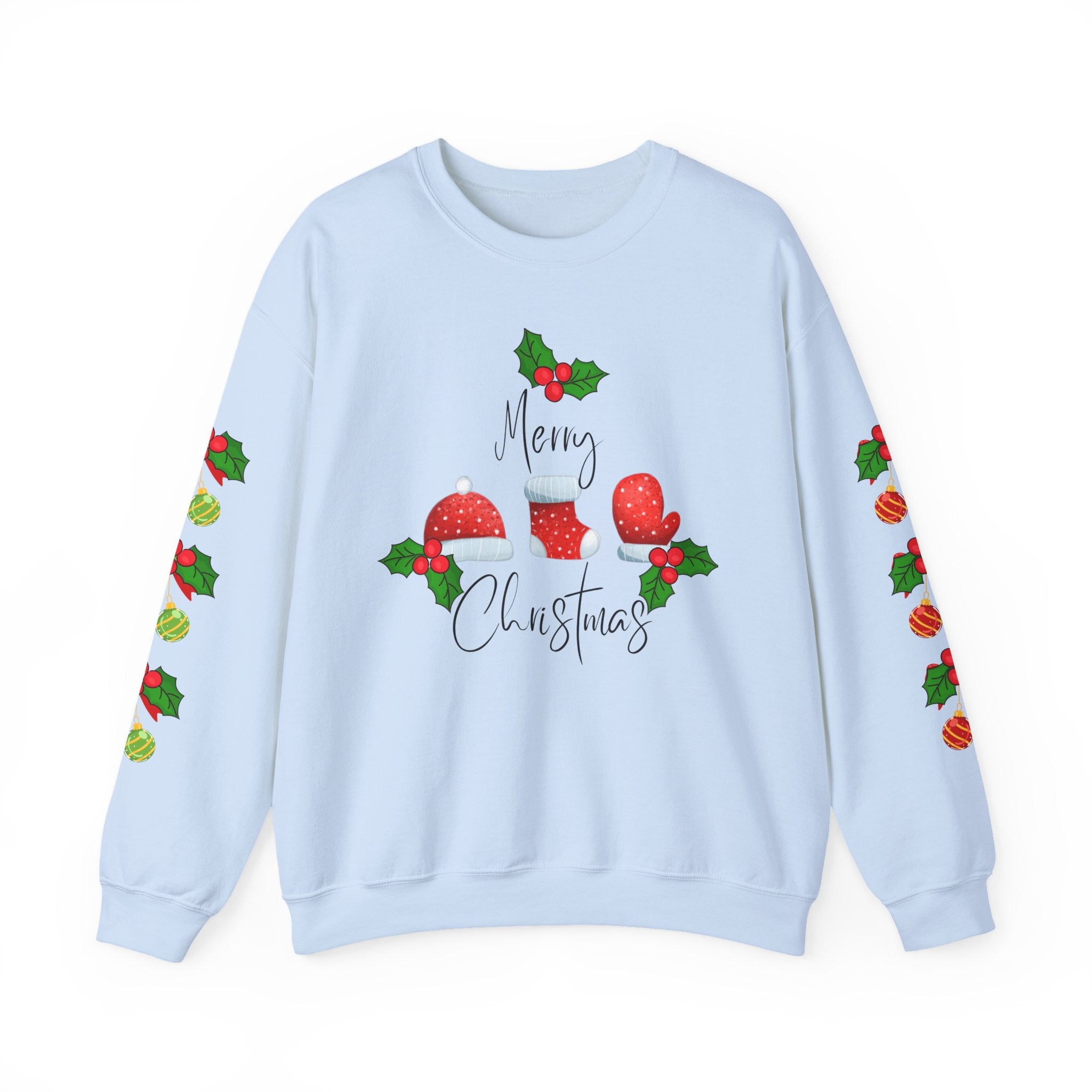 Festive Christmas Ornaments Unisex Sweatshirt Embellished with Side Arm Printing— 'Merry Christmas' Festive Holiday Crewneck